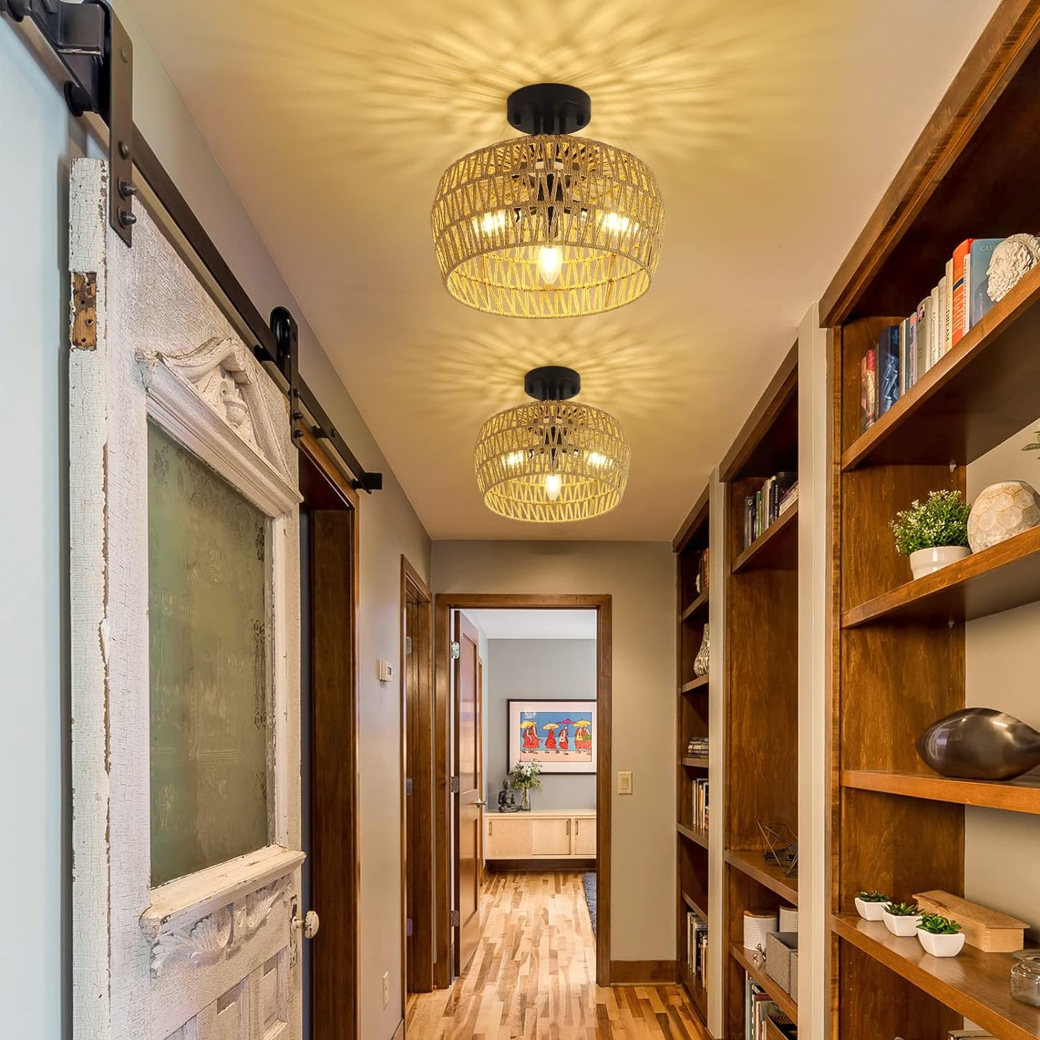 Semi Flush Mount Ceiling Light, Rattan Light Fixture Ceiling Mount with Handmade Wicker Lampshade, 3-Lights Boho Chandelier, Woven Close to Ceiling Light for Bedroom Hallway Living Room Kitchen - Image 4