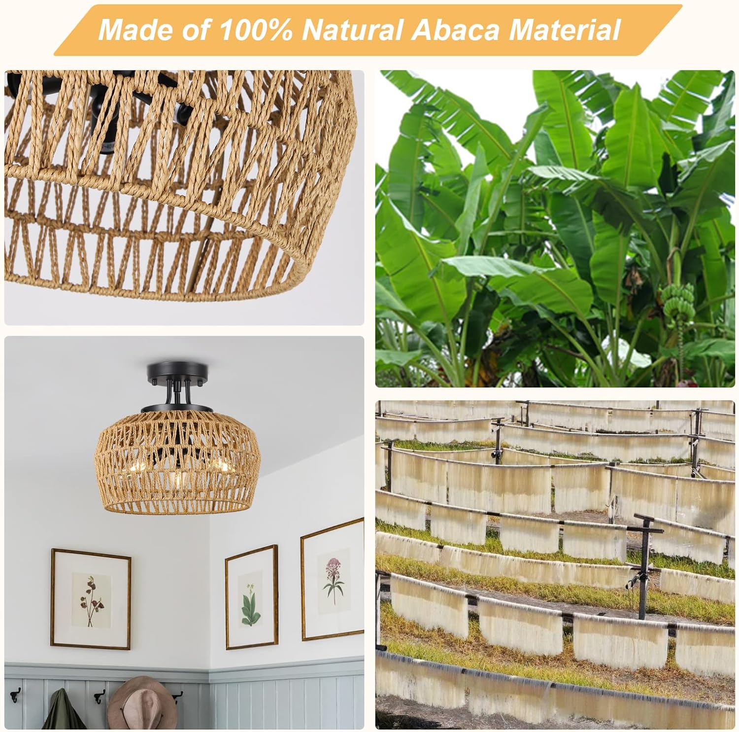 Semi Flush Mount Ceiling Light, Rattan Light Fixture Ceiling Mount with Handmade Wicker Lampshade, 3-Lights Boho Chandelier, Woven Close to Ceiling Light for Bedroom Hallway Living Room Kitchen - Image 3