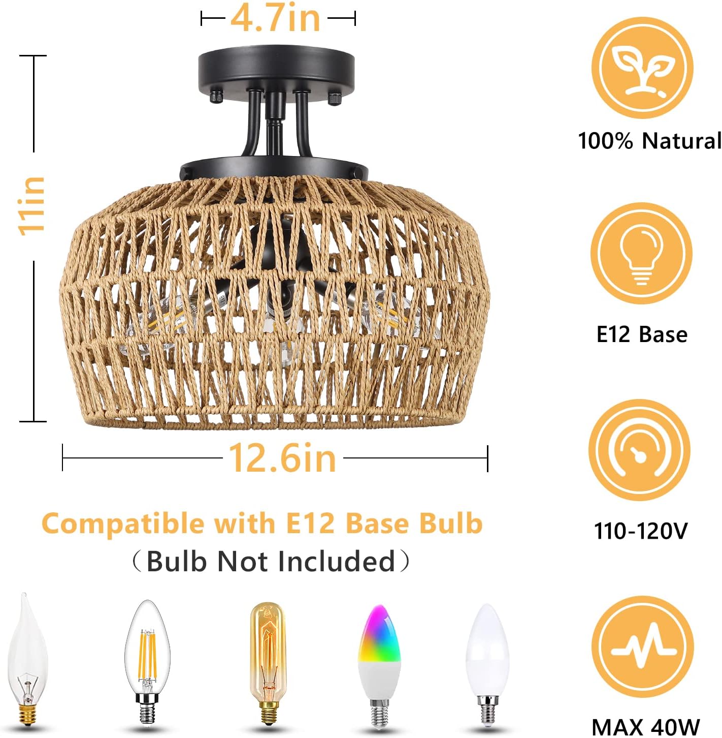 Semi Flush Mount Ceiling Light, Rattan Light Fixture Ceiling Mount with Handmade Wicker Lampshade, 3-Lights Boho Chandelier, Woven Close to Ceiling Light for Bedroom Hallway Living Room Kitchen - Image 5