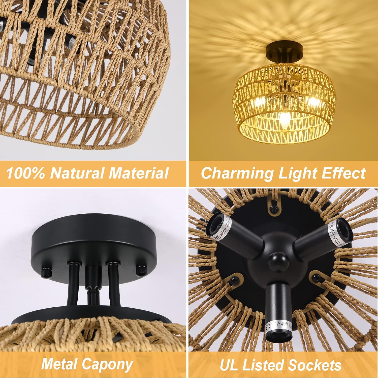 Semi Flush Mount Ceiling Light, Rattan Light Fixture Ceiling Mount with Handmade Wicker Lampshade, 3-Lights Boho Chandelier, Woven Close to Ceiling Light for Bedroom Hallway Living Room Kitchen - Image 6