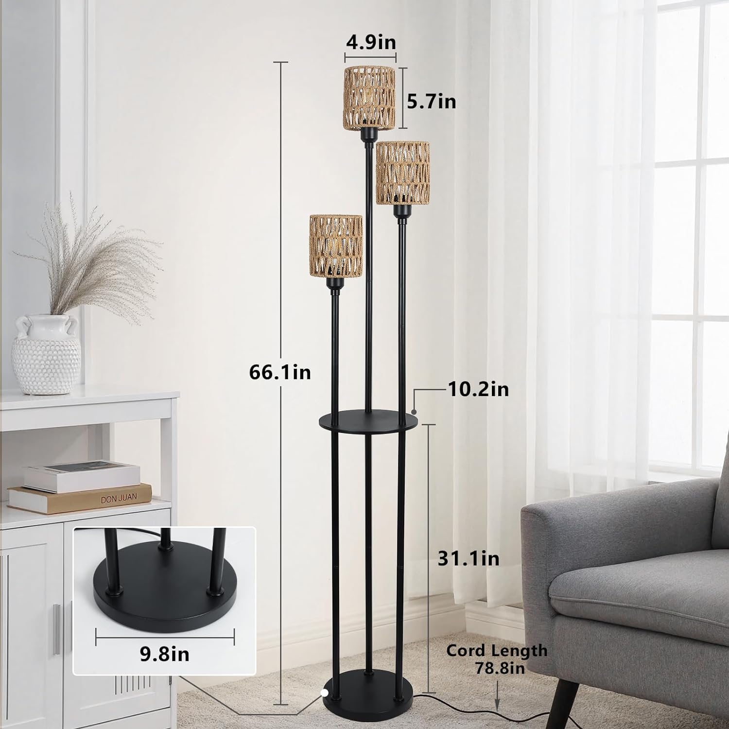 Boho Floor Lamp with Shelves, 3-Lights Farmhouse Tall Floor Lamp with ON/OFF Foot Switch, Rustic Standing Lamp with Rattan Shades for Living Room Bedroom Office - Image 2