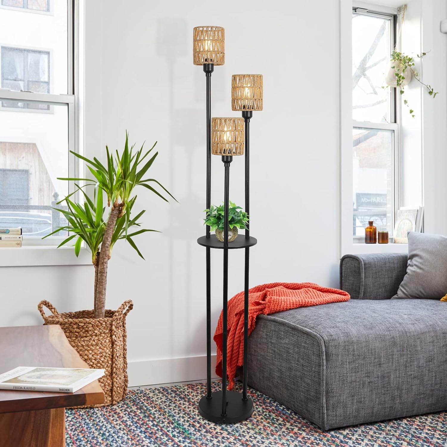 Boho Floor Lamp with Shelves, 3-Lights Farmhouse Tall Floor Lamp with ON/OFF Foot Switch, Rustic Standing Lamp with Rattan Shades for Living Room Bedroom Office - Image 4