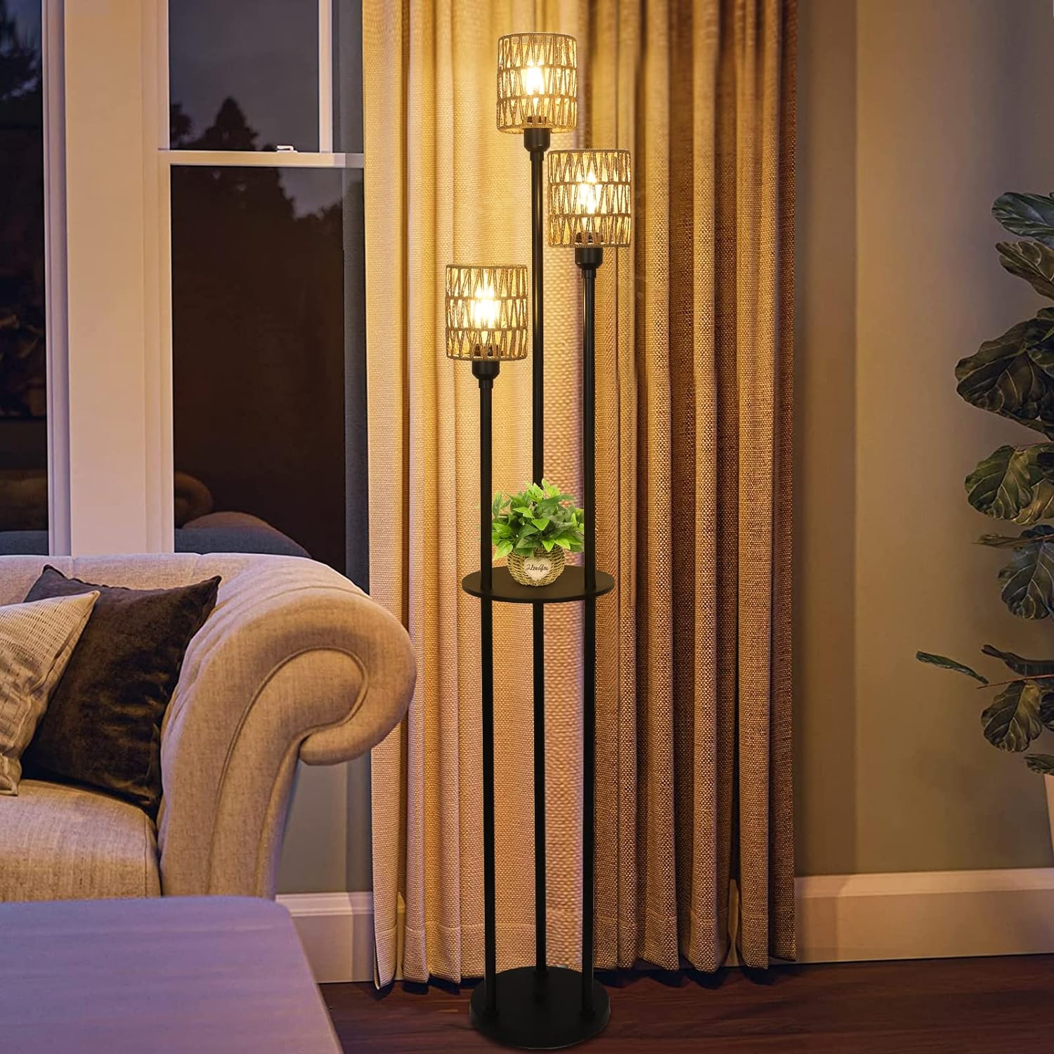 Boho Floor Lamp with Shelves, 3-Lights Farmhouse Tall Floor Lamp with ON/OFF Foot Switch, Rustic Standing Lamp with Rattan Shades for Living Room Bedroom Office - Image 5