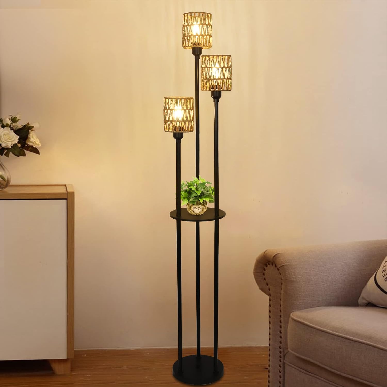 Boho Floor Lamp with Shelves, 3-Lights Farmhouse Tall Floor Lamp with ON/OFF Foot Switch, Rustic Standing Lamp with Rattan Shades for Living Room Bedroom Office - Image 6