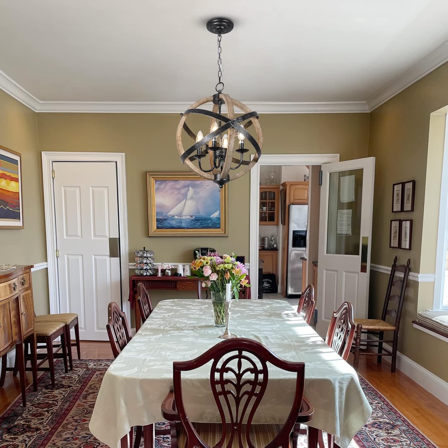 Farmhouse Chandelier Light Fixtures?4-Light Dining Room Light Fixtures Height Adjustable?Rustic Wood Light Fixtures Ceiling Hanging for Kitchen, Living Room, Hallway, Bedroom, Foyer Entryway - Image 3