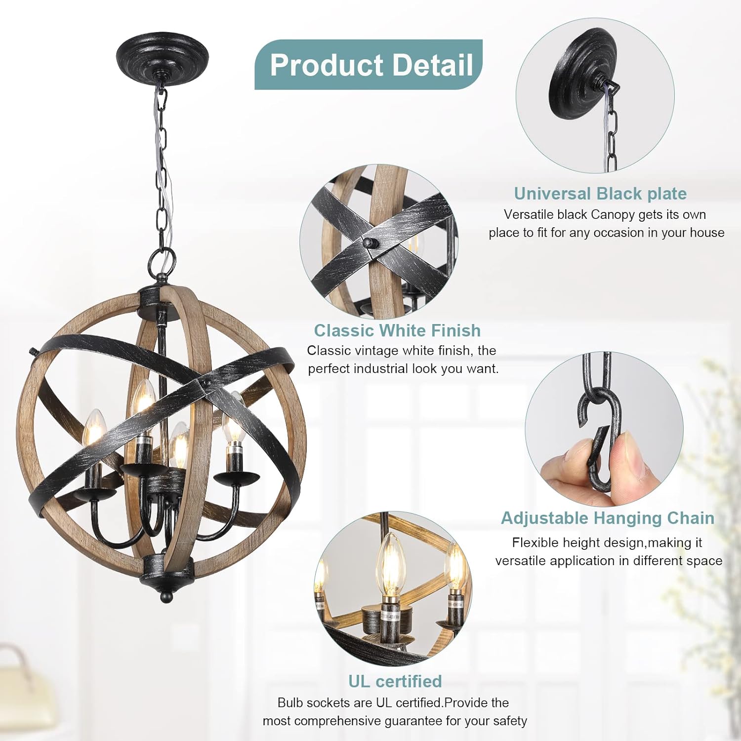 Farmhouse Chandelier Light Fixtures?4-Light Dining Room Light Fixtures Height Adjustable?Rustic Wood Light Fixtures Ceiling Hanging for Kitchen, Living Room, Hallway, Bedroom, Foyer Entryway - Image 2