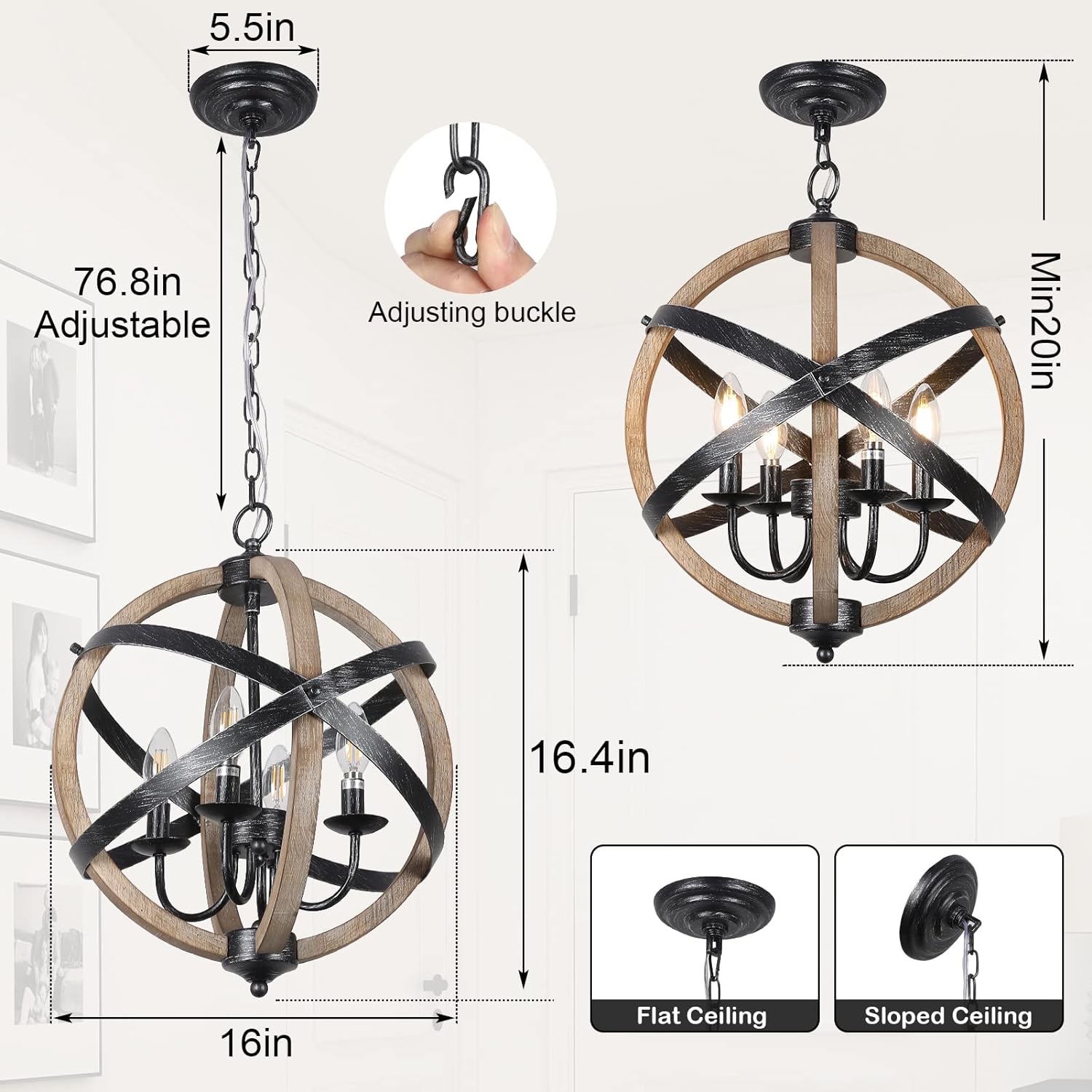 Farmhouse Chandelier Light Fixtures?4-Light Dining Room Light Fixtures Height Adjustable?Rustic Wood Light Fixtures Ceiling Hanging for Kitchen, Living Room, Hallway, Bedroom, Foyer Entryway - Image 6