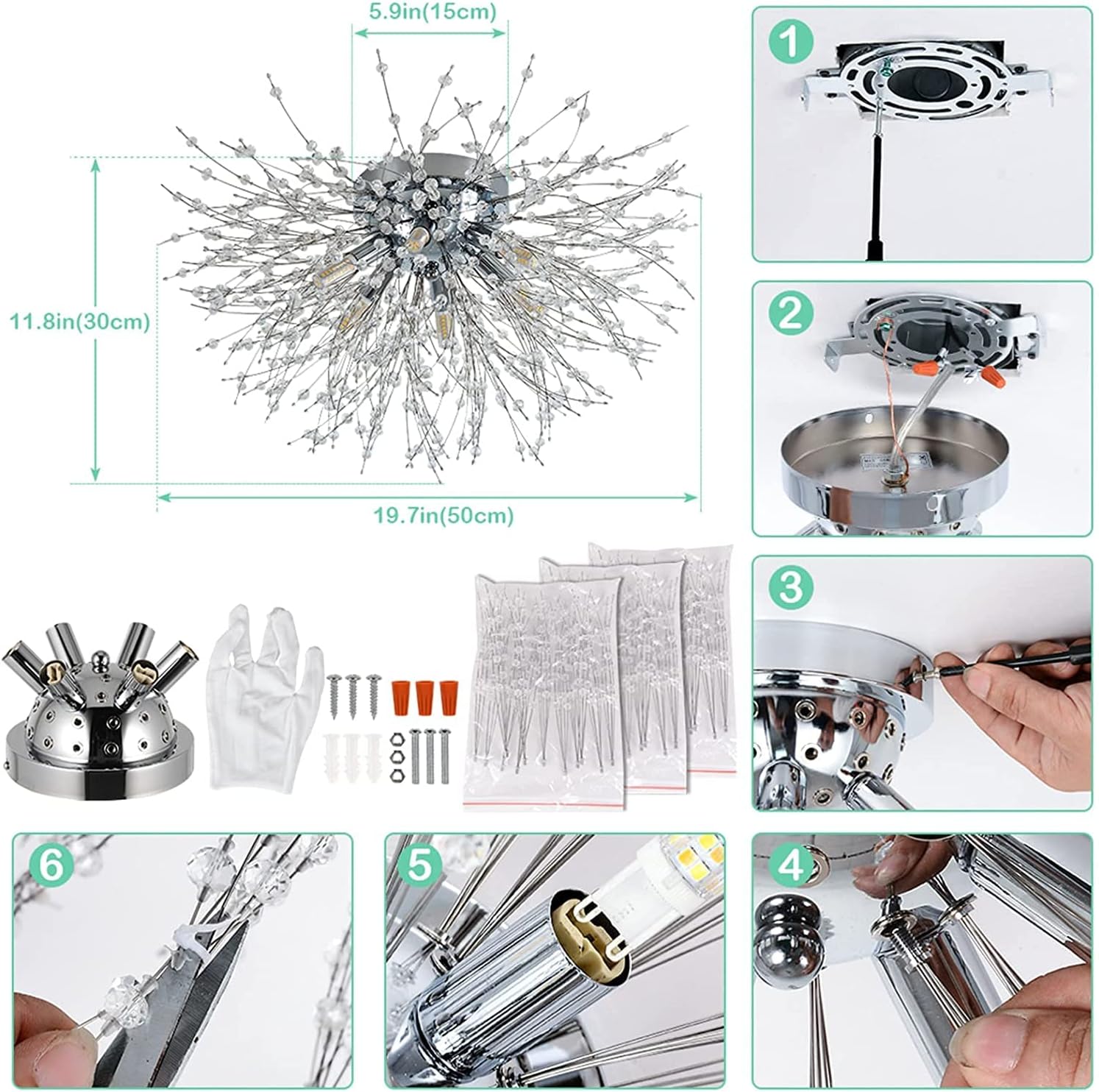 Crystal Flush Mount Ceiling Light, Modern Sputnik Firework Close to Ceiling Lamp, LED Ceiling Light Fixtures for Bedroom Kitchen Island Entryway Hallway Foyer - Image 2