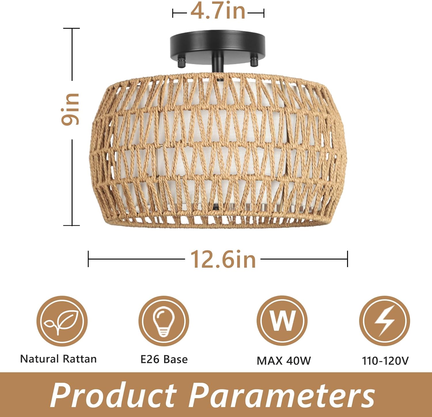 Boho Light Fixtures Ceiling Mount, Rattan Semi Flush Mount Ceiling Light, Farmhouse Light Fixtures with Fabric Shades, Kitchen Close to Ceiling Light Fixtures for Living Room Bedroom Hallway - Image 2