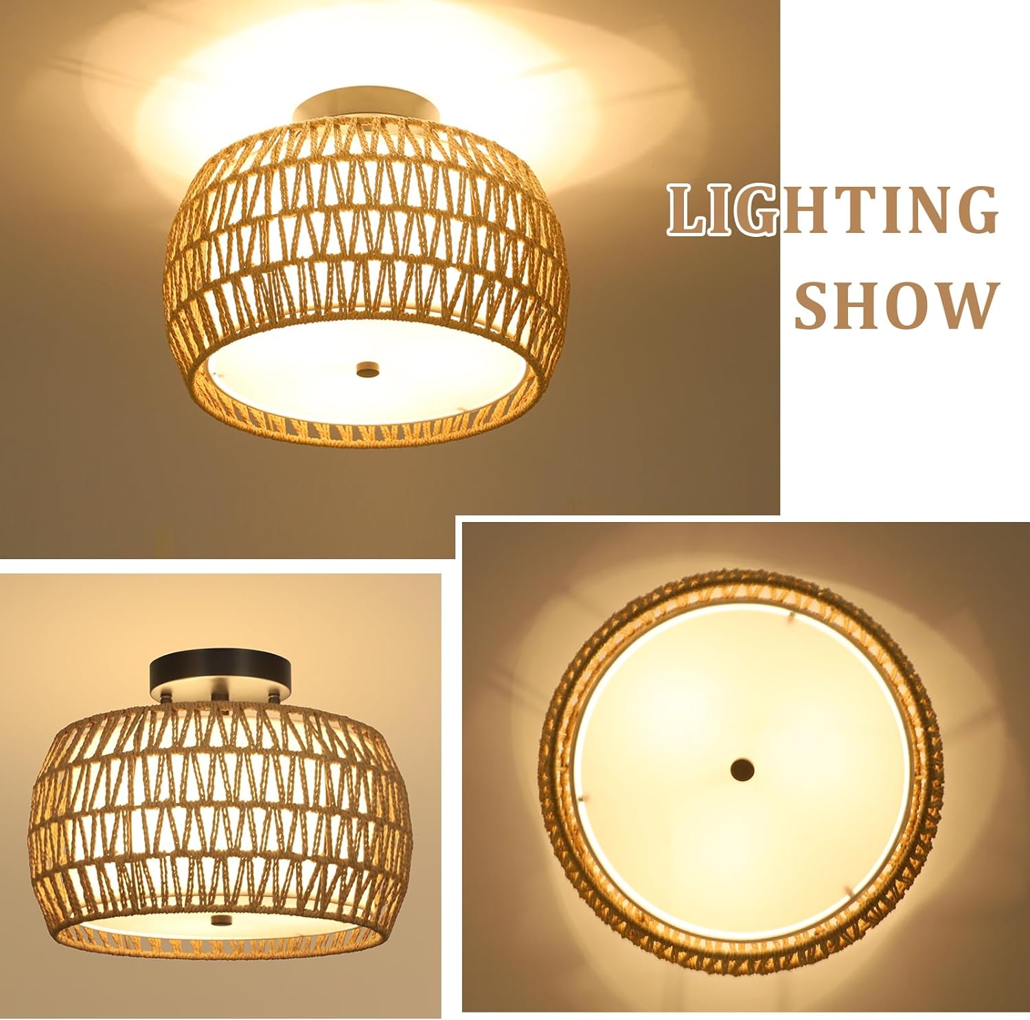 Boho Light Fixtures Ceiling Mount, Rattan Semi Flush Mount Ceiling Light, Farmhouse Light Fixtures with Fabric Shades, Kitchen Close to Ceiling Light Fixtures for Living Room Bedroom Hallway - Image 3