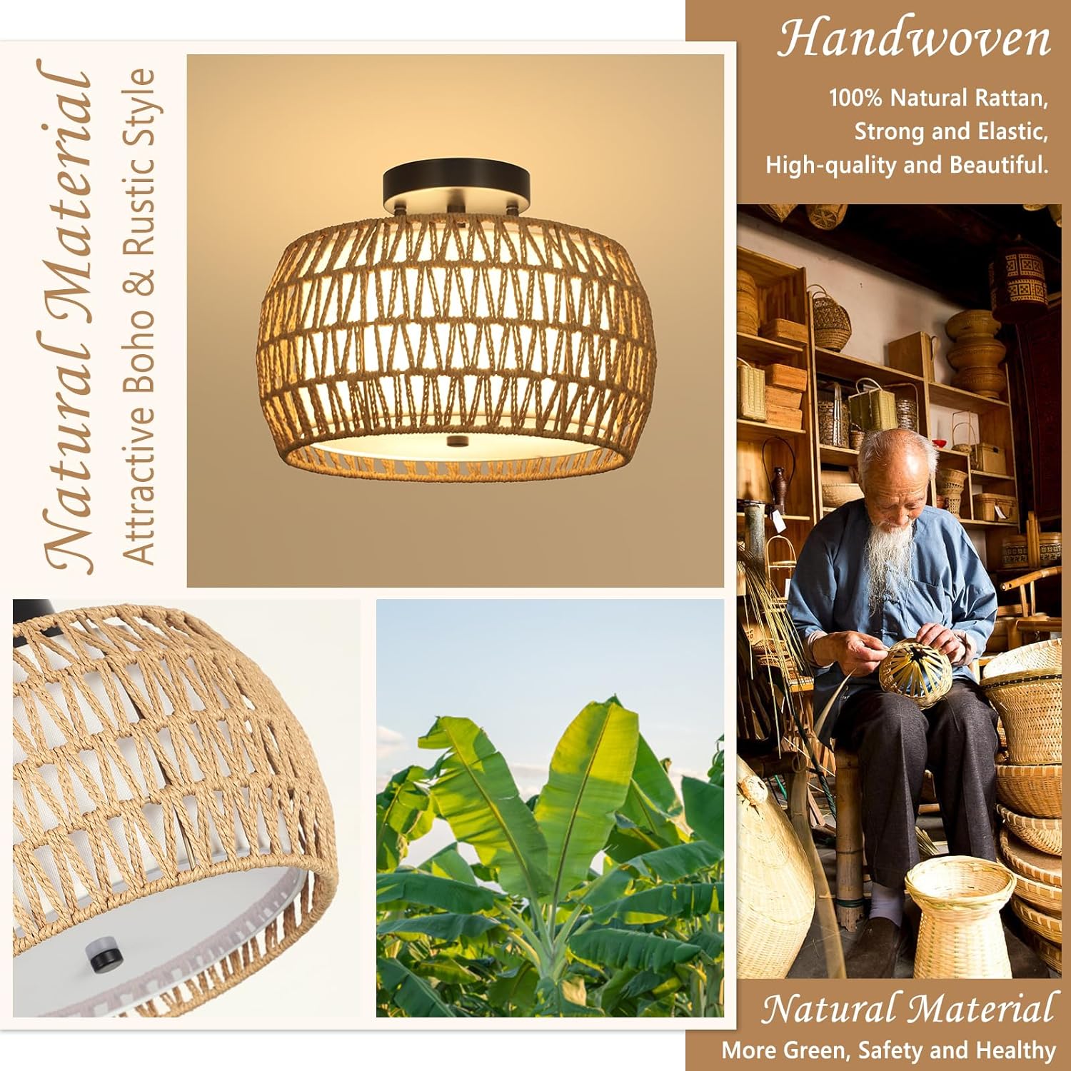 Boho Light Fixtures Ceiling Mount, Rattan Semi Flush Mount Ceiling Light, Farmhouse Light Fixtures with Fabric Shades, Kitchen Close to Ceiling Light Fixtures for Living Room Bedroom Hallway - Image 4