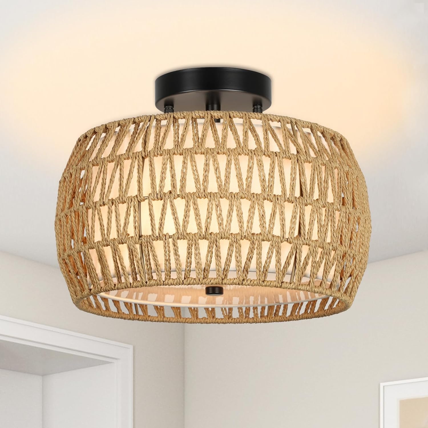 Boho Light Fixtures Ceiling Mount, Rattan Semi Flush Mount Ceiling Light, Farmhouse Light Fixtures with Fabric Shades, Kitchen Close to Ceiling Light Fixtures for Living Room Bedroom Hallway - Image 5