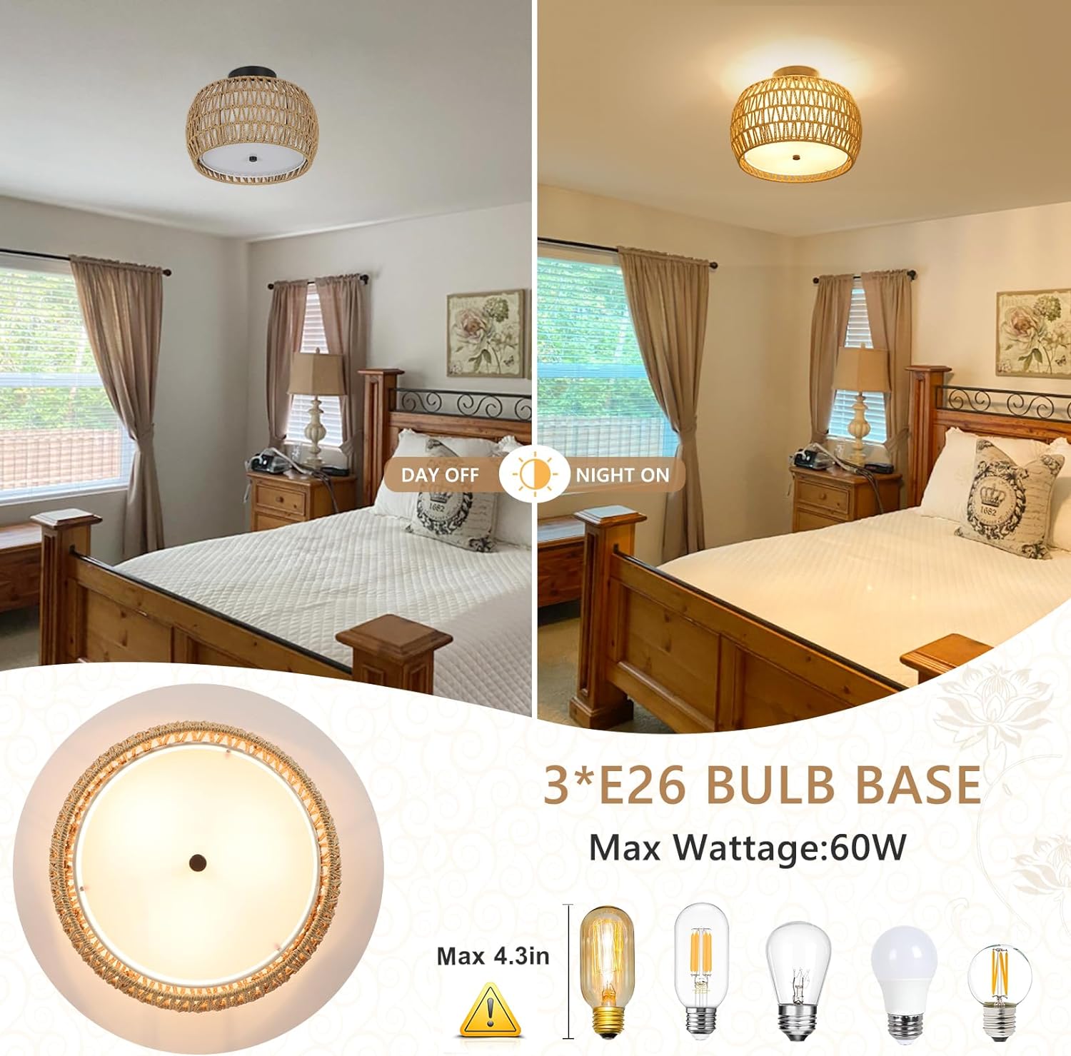 Boho Light Fixtures Ceiling Mount, Rattan Semi Flush Mount Ceiling Light, Farmhouse Light Fixtures with Fabric Shades, Kitchen Close to Ceiling Light Fixtures for Living Room Bedroom Hallway - Image 6