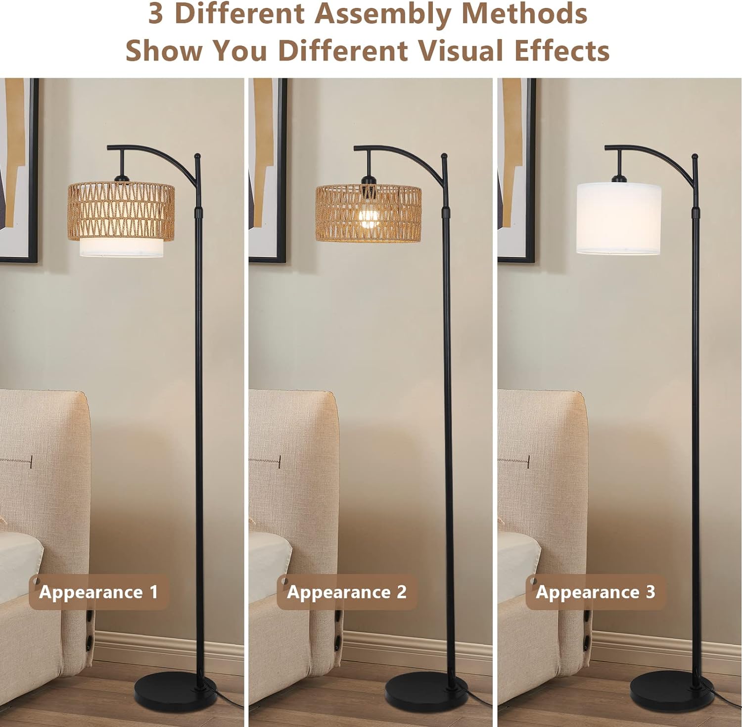 Arc Floor Lamp for Living Room with 3 Color Temperatures, Farmhouse Floor Lamps with Remote & Dimmable Bulb, Boho Standing Lamp with Rattan & Fabric Shades, Adjustable Tall Lamp for Bedroom, Office - Image 3