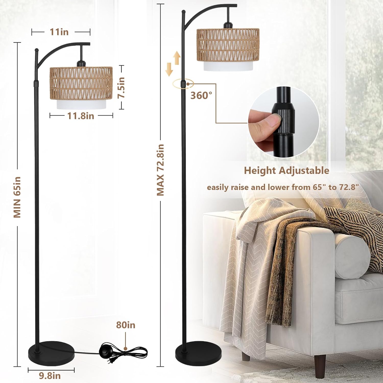 Arc Floor Lamp for Living Room with 3 Color Temperatures, Farmhouse Floor Lamps with Remote & Dimmable Bulb, Boho Standing Lamp with Rattan & Fabric Shades, Adjustable Tall Lamp for Bedroom, Office - Image 5