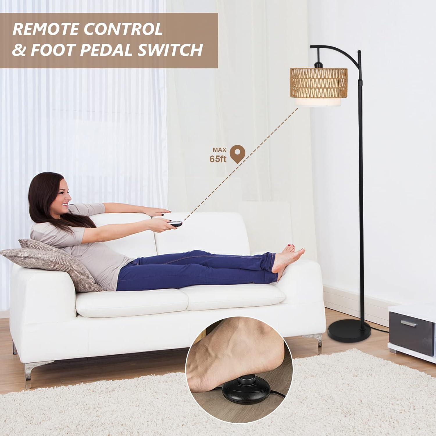 Arc Floor Lamp for Living Room with 3 Color Temperatures, Farmhouse Floor Lamps with Remote & Dimmable Bulb, Boho Standing Lamp with Rattan & Fabric Shades, Adjustable Tall Lamp for Bedroom, Office - Image 6