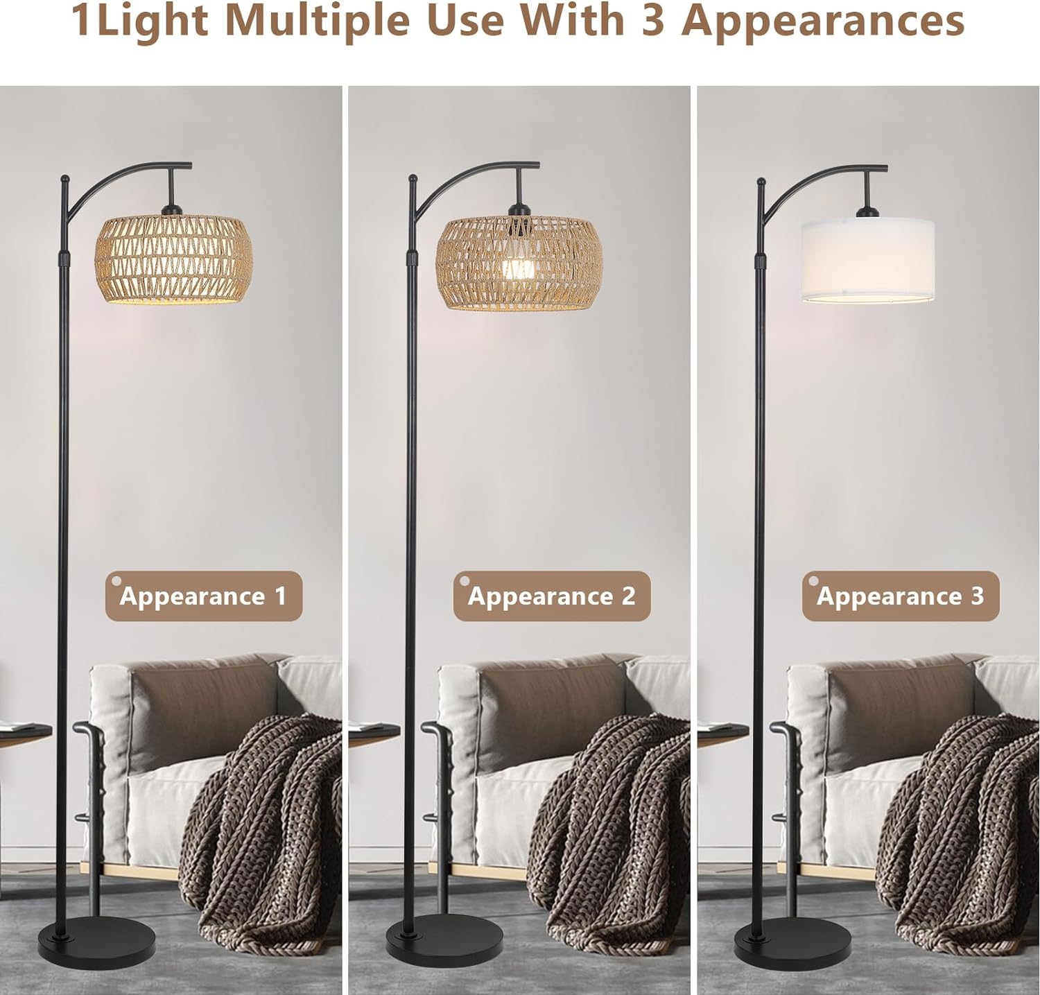 Arc Floor Lamp with Remote Control, Dimmable LED Floor Lamp with 3 Color Temperature, Black Standing Lamp with Rattan & Fabric Double Drum Shade, Boho Farmhouse Tall Pole Lamp for Living Room Bedroom - Image 2