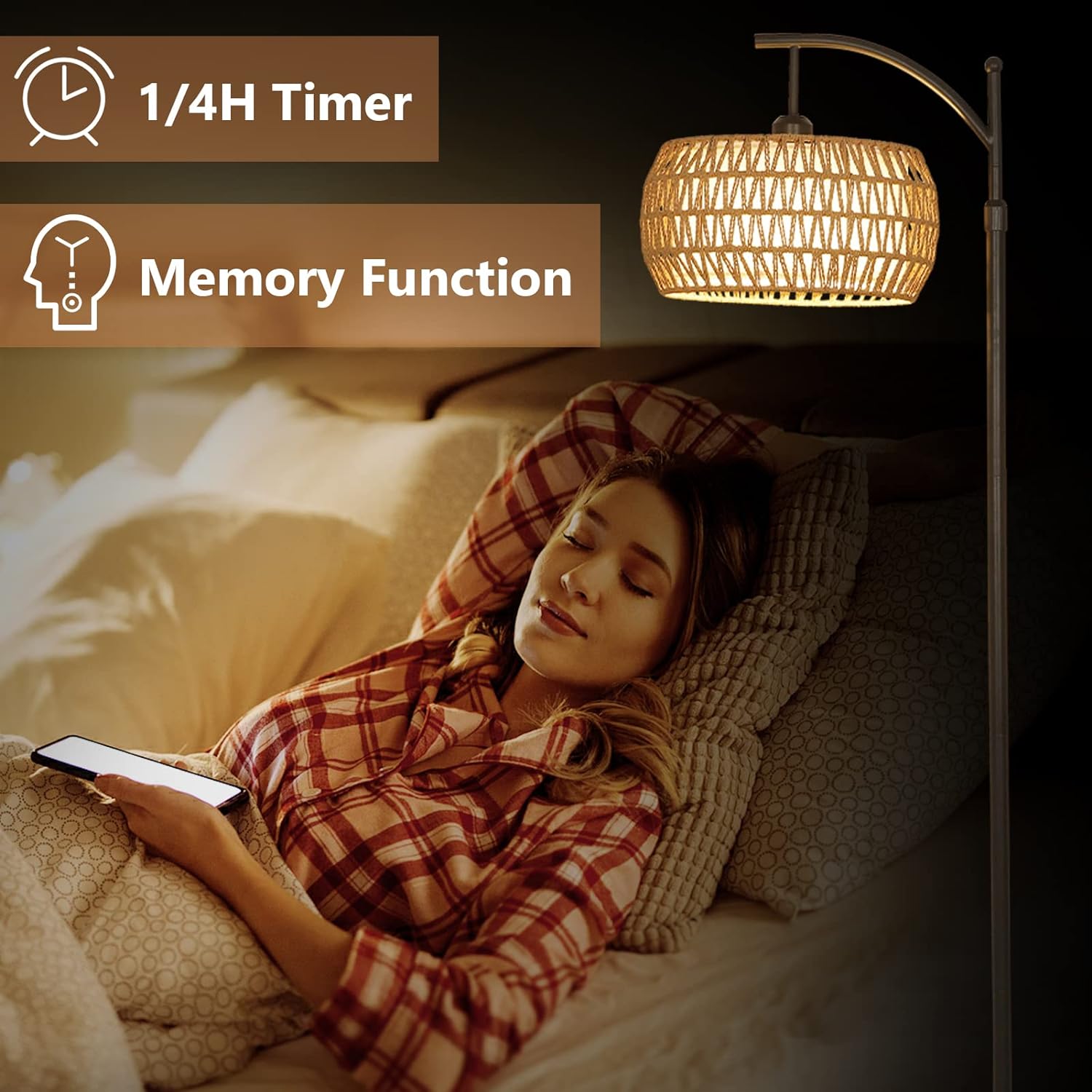 Arc Floor Lamp with Remote Control, Dimmable LED Floor Lamp with 3 Color Temperature, Black Standing Lamp with Rattan & Fabric Double Drum Shade, Boho Farmhouse Tall Pole Lamp for Living Room Bedroom - Image 3