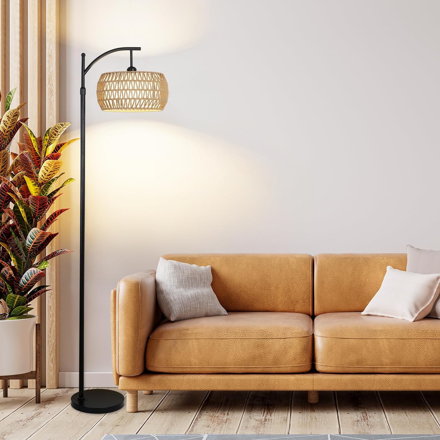 Arc Floor Lamp with Remote Control, Dimmable LED Floor Lamp with 3 Color Temperature, Black Standing Lamp with Rattan & Fabric Double Drum Shade, Boho Farmhouse Tall Pole Lamp for Living Room Bedroom - Image 4