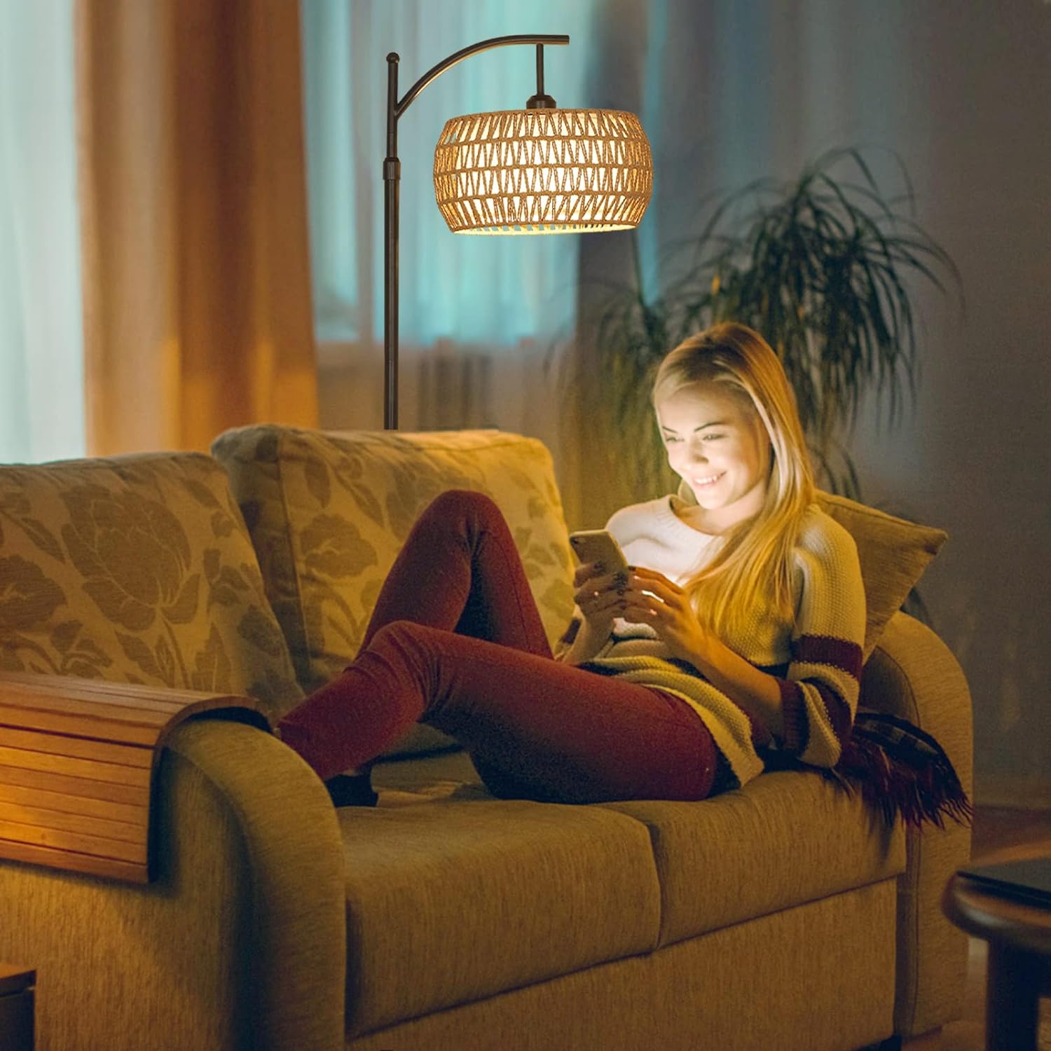 Arc Floor Lamp with Remote Control, Dimmable LED Floor Lamp with 3 Color Temperature, Black Standing Lamp with Rattan & Fabric Double Drum Shade, Boho Farmhouse Tall Pole Lamp for Living Room Bedroom - Image 5