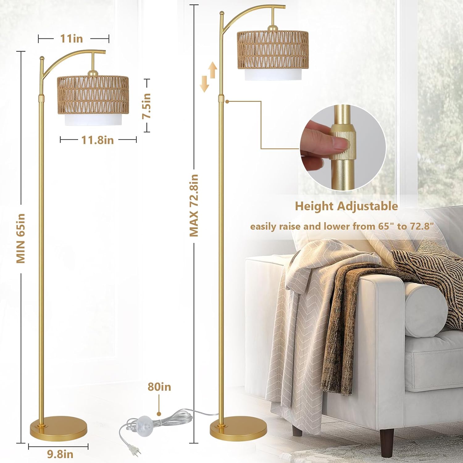 Gold Floor Lamps for Living Room with Remote & Dimmable LED Bulb, Modern Arc Floor Lamp with 3 Color Temperatures, Boho Standing Lamp with Rattan & Fabric Shades, Adjustable Tall Lamp for Bedroom - Image 2