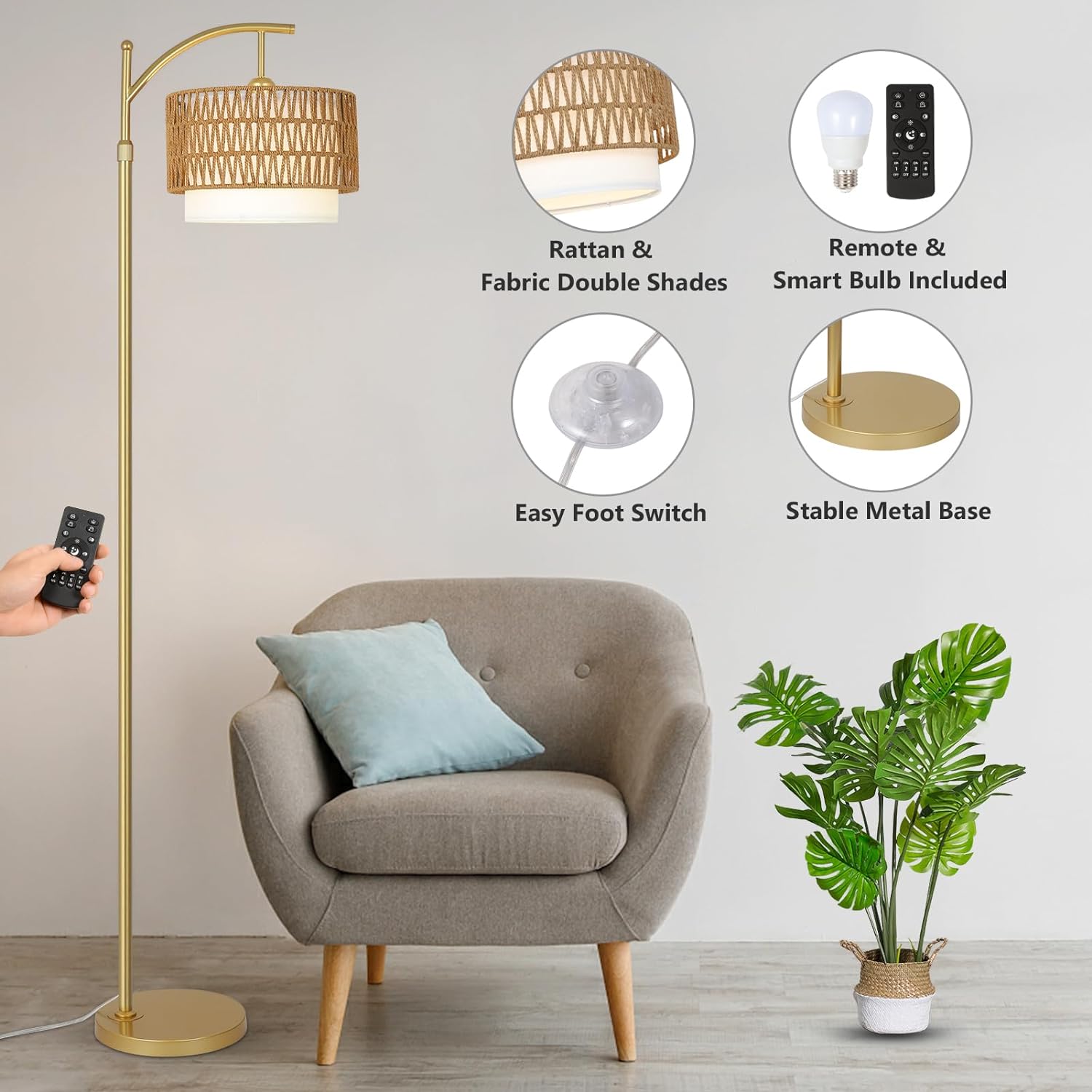 Gold Floor Lamps for Living Room with Remote & Dimmable LED Bulb, Modern Arc Floor Lamp with 3 Color Temperatures, Boho Standing Lamp with Rattan & Fabric Shades, Adjustable Tall Lamp for Bedroom - Image 4