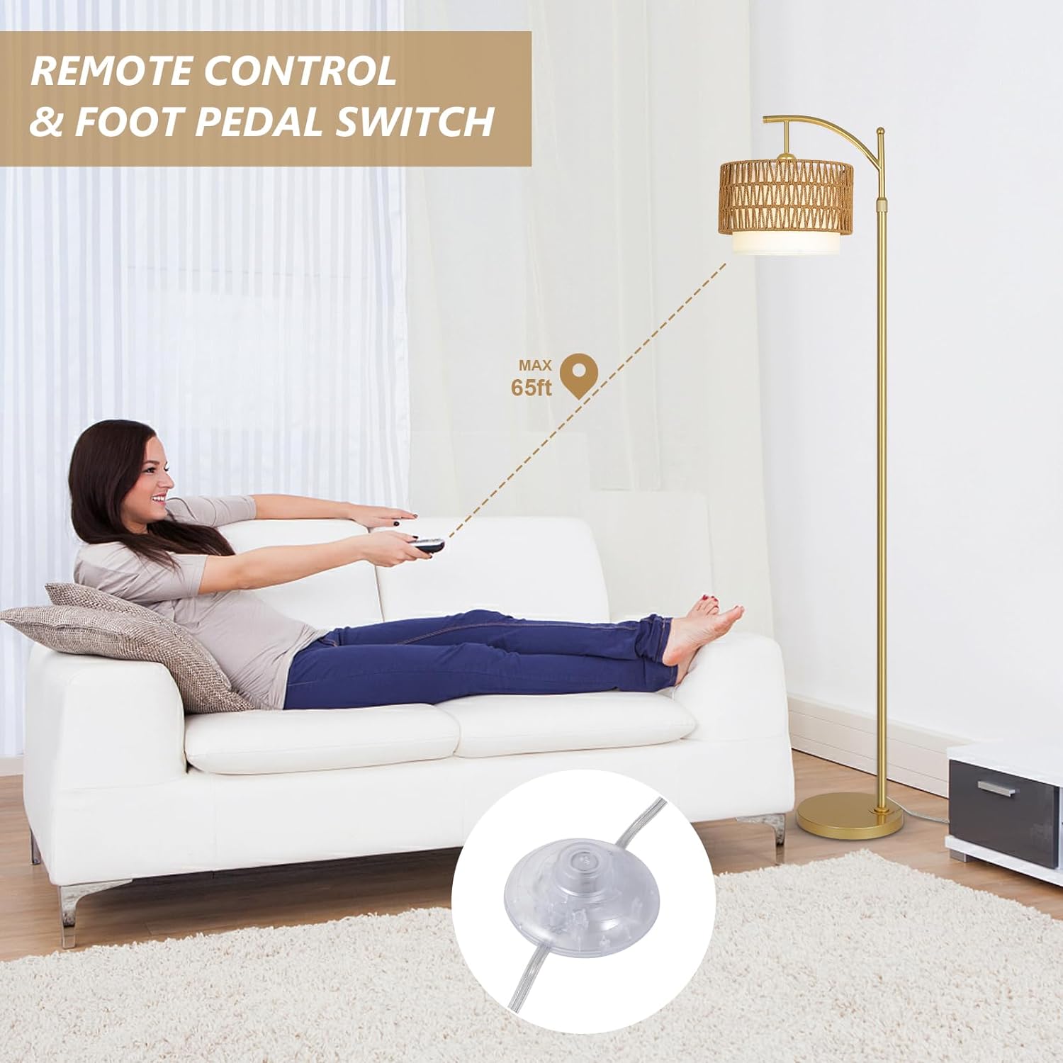 Gold Floor Lamps for Living Room with Remote & Dimmable LED Bulb, Modern Arc Floor Lamp with 3 Color Temperatures, Boho Standing Lamp with Rattan & Fabric Shades, Adjustable Tall Lamp for Bedroom - Image 3