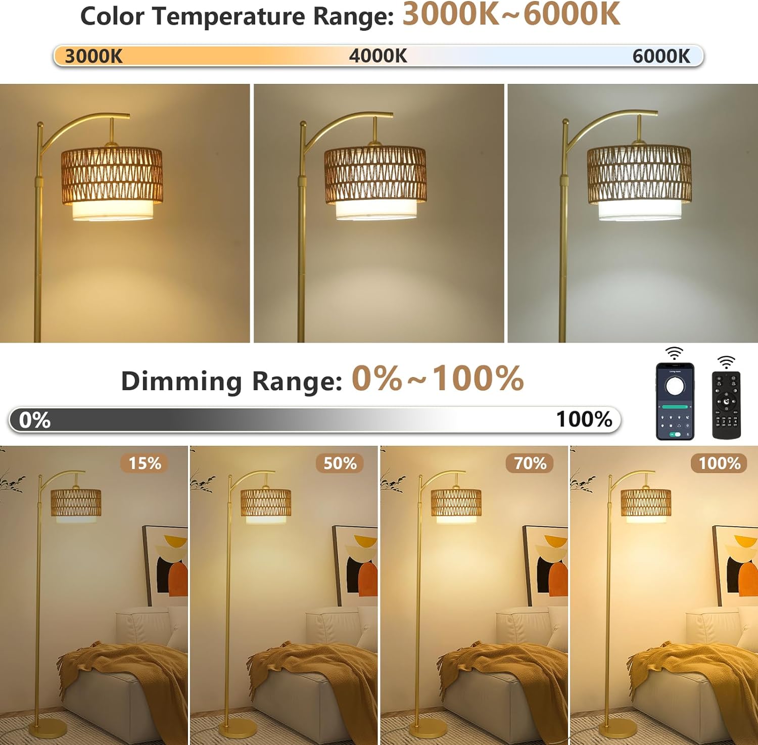 Gold Floor Lamps for Living Room with Remote & Dimmable LED Bulb, Modern Arc Floor Lamp with 3 Color Temperatures, Boho Standing Lamp with Rattan & Fabric Shades, Adjustable Tall Lamp for Bedroom - Image 5