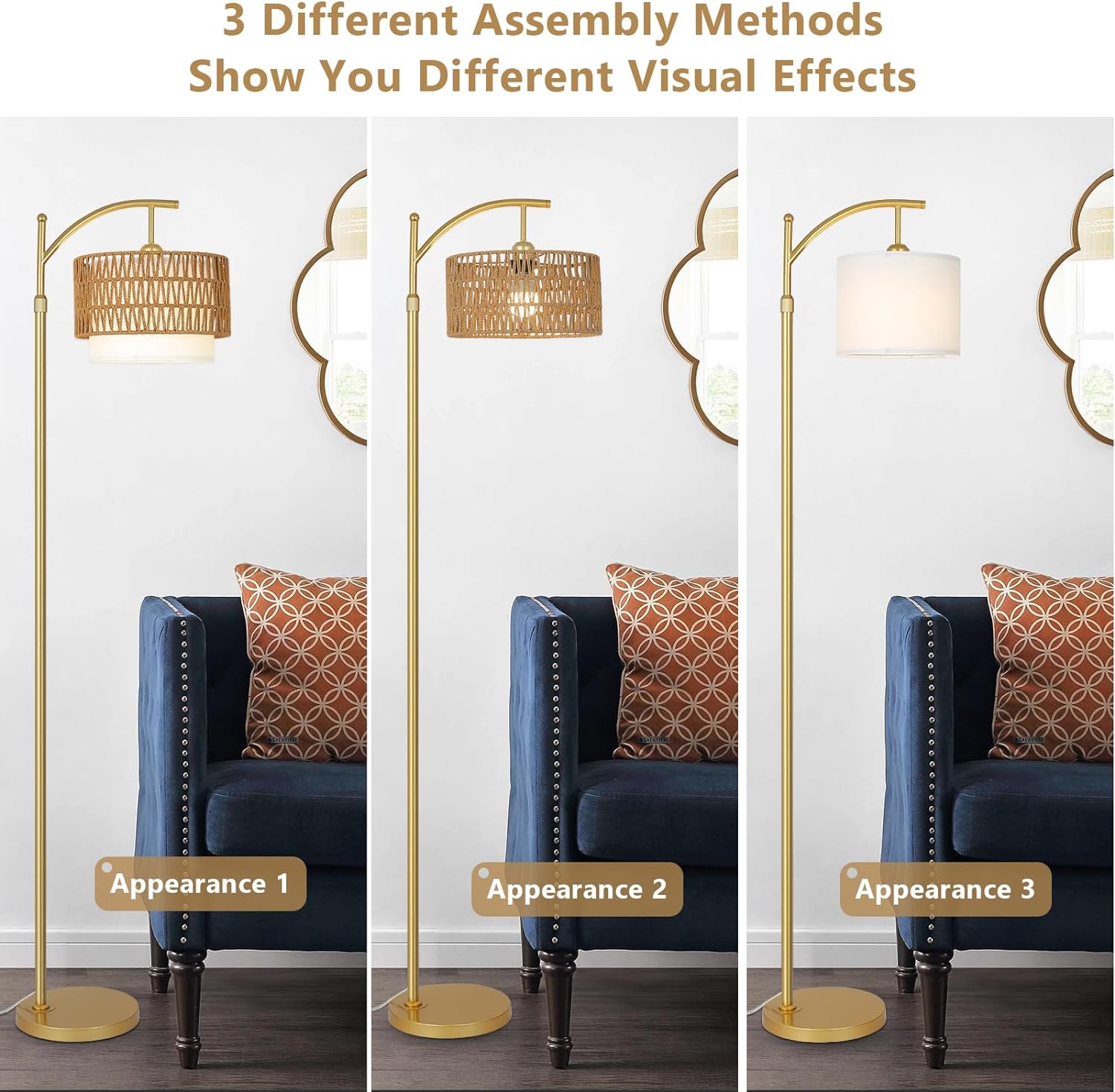 Gold Floor Lamps for Living Room with Remote & Dimmable LED Bulb, Modern Arc Floor Lamp with 3 Color Temperatures, Boho Standing Lamp with Rattan & Fabric Shades, Adjustable Tall Lamp for Bedroom - Image 6