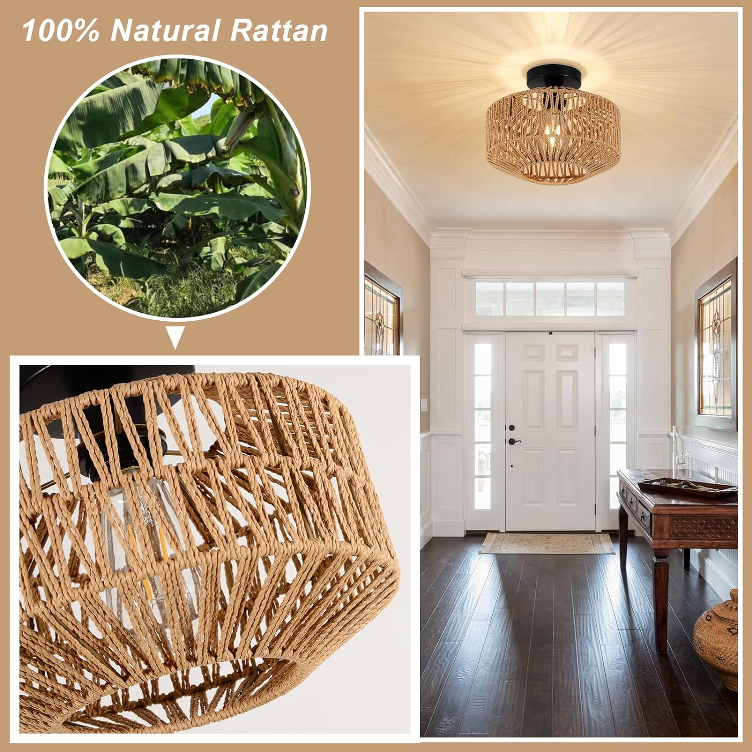 Boho Light Fixtures Ceiling Mount,Mini Rattan Chandelier Light Fixture with Dimmable LED Bulb,Hand Woven Ceiling Light Fixtures Flush Mount for Hallway Bedroom Kitchen Entryway Living Room - Image 2