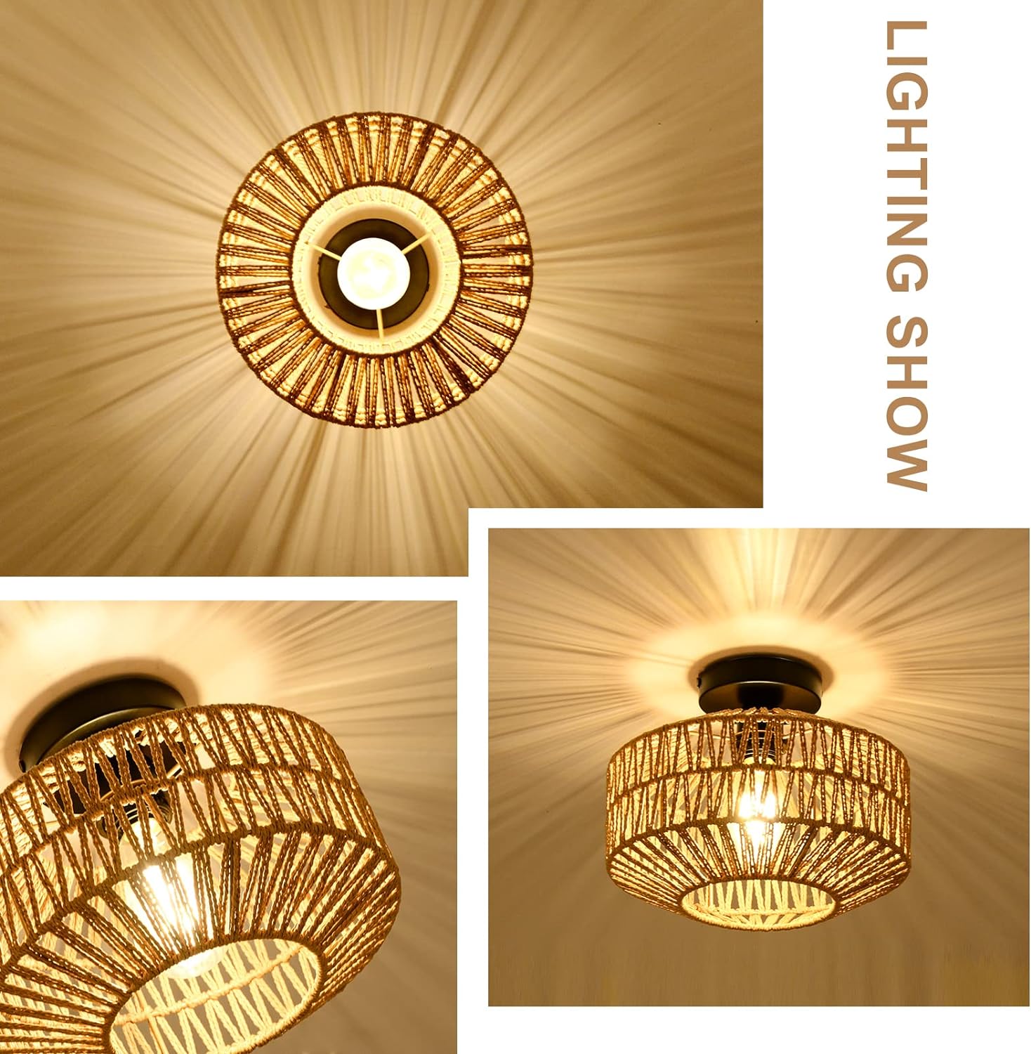 Boho Light Fixtures Ceiling Mount,Mini Rattan Chandelier Light Fixture with Dimmable LED Bulb,Hand Woven Ceiling Light Fixtures Flush Mount for Hallway Bedroom Kitchen Entryway Living Room - Image 3
