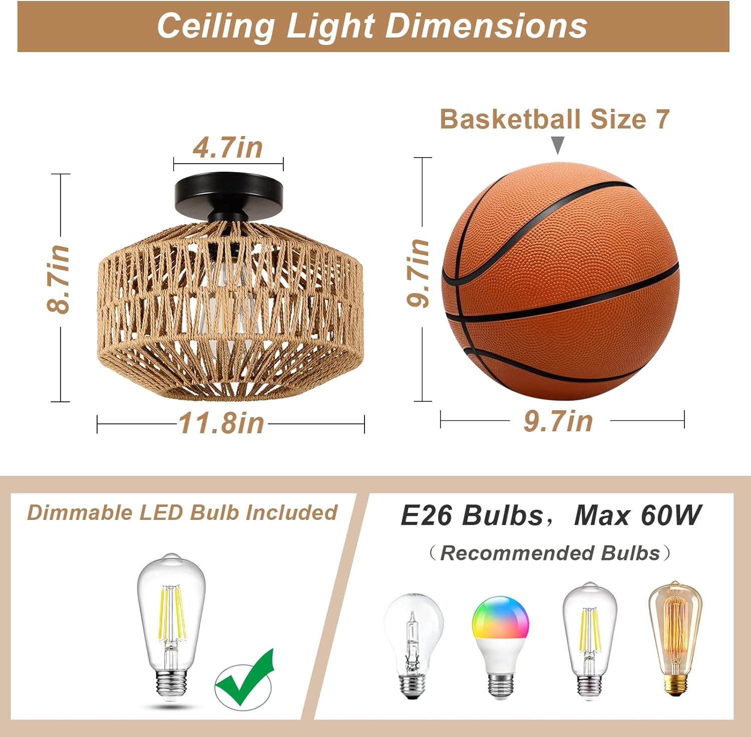 Boho Light Fixtures Ceiling Mount,Mini Rattan Chandelier Light Fixture with Dimmable LED Bulb,Hand Woven Ceiling Light Fixtures Flush Mount for Hallway Bedroom Kitchen Entryway Living Room - Image 5
