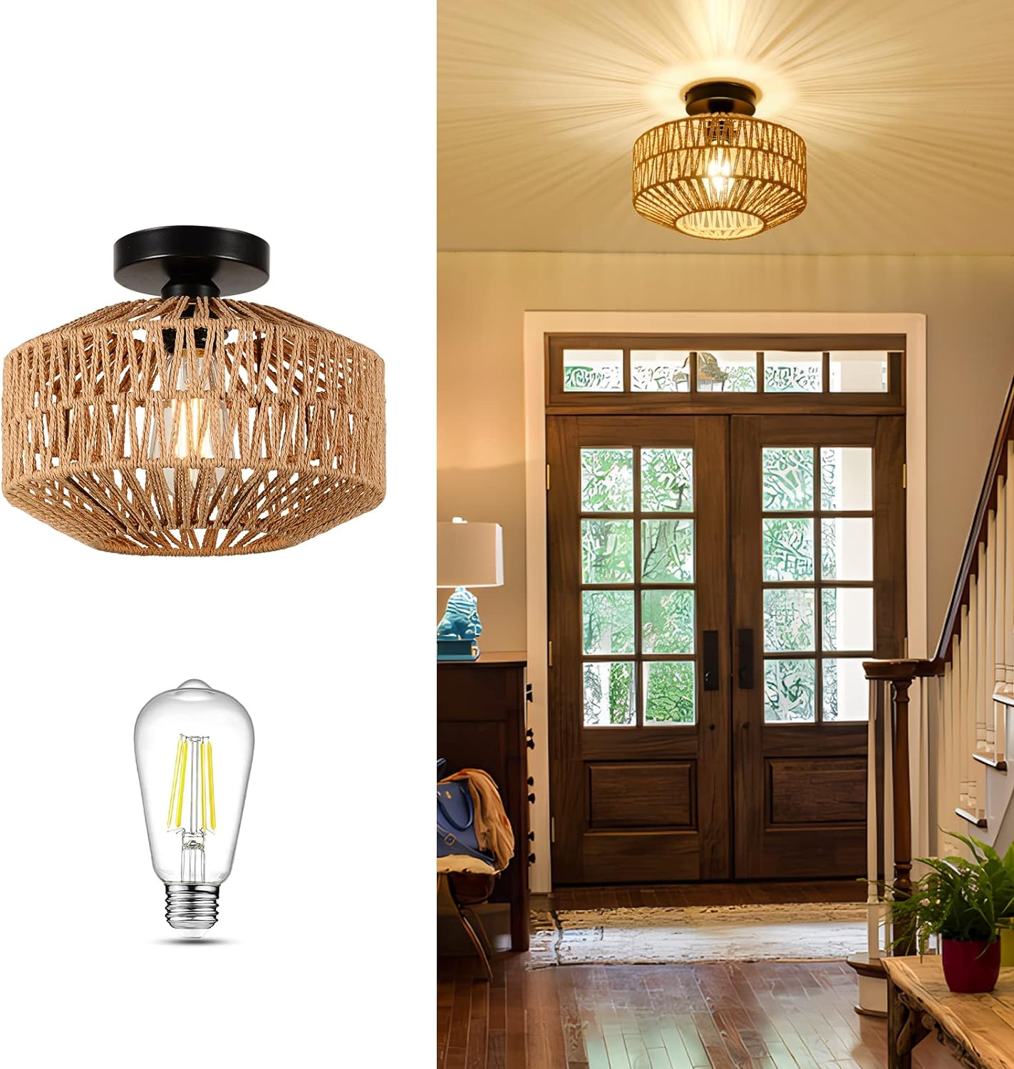Boho Light Fixtures Ceiling Mount,Mini Rattan Chandelier Light Fixture with Dimmable LED Bulb,Hand Woven Ceiling Light Fixtures Flush Mount for Hallway Bedroom Kitchen Entryway Living Room - Image 4