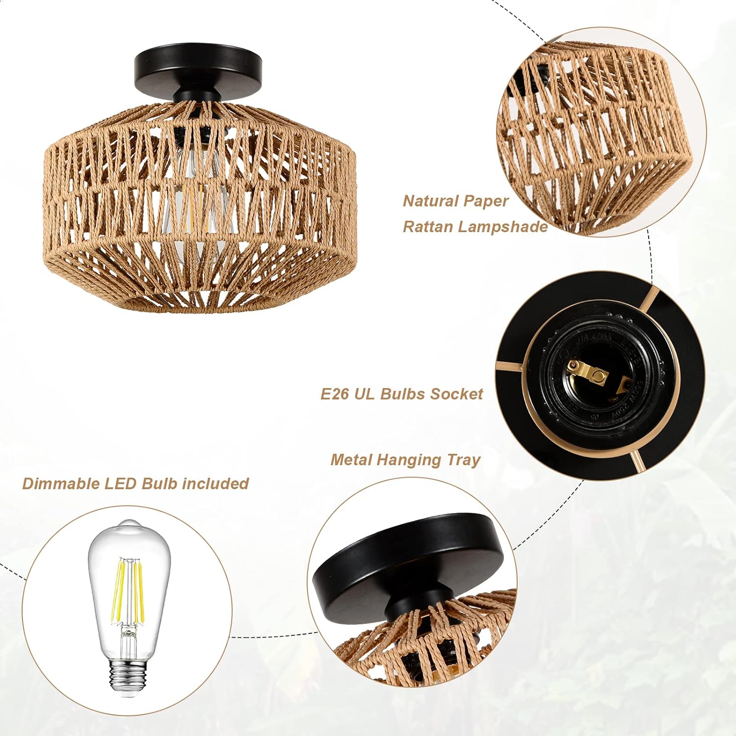 Boho Light Fixtures Ceiling Mount,Mini Rattan Chandelier Light Fixture with Dimmable LED Bulb,Hand Woven Ceiling Light Fixtures Flush Mount for Hallway Bedroom Kitchen Entryway Living Room - Image 6