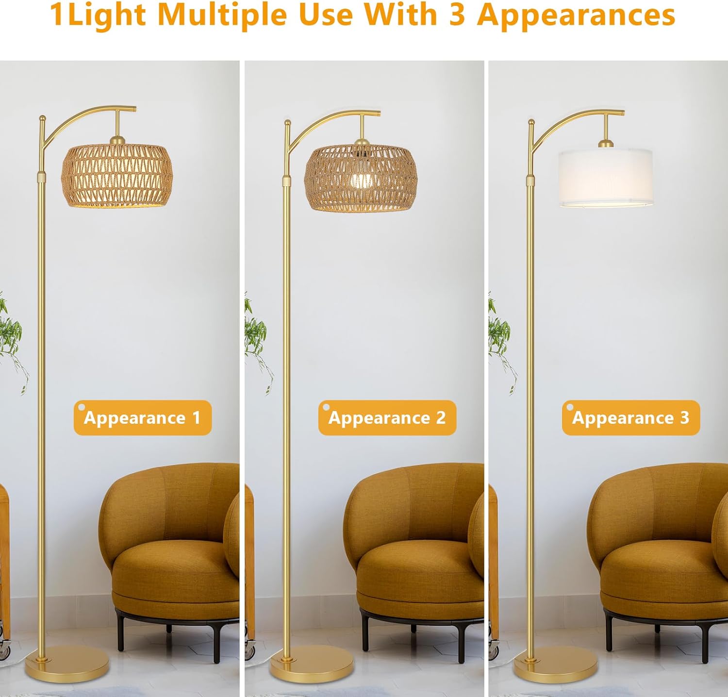 Arc Floor Lamp with 3 Color Temperatures, LED Gold Floor Lamp with Remote & Stepless Dimmable Bulb, Boho Standing Lamp with Rattan & Fabric Shades, Farmhouse Tall Lamp for Living Room Bedroom - Image 2