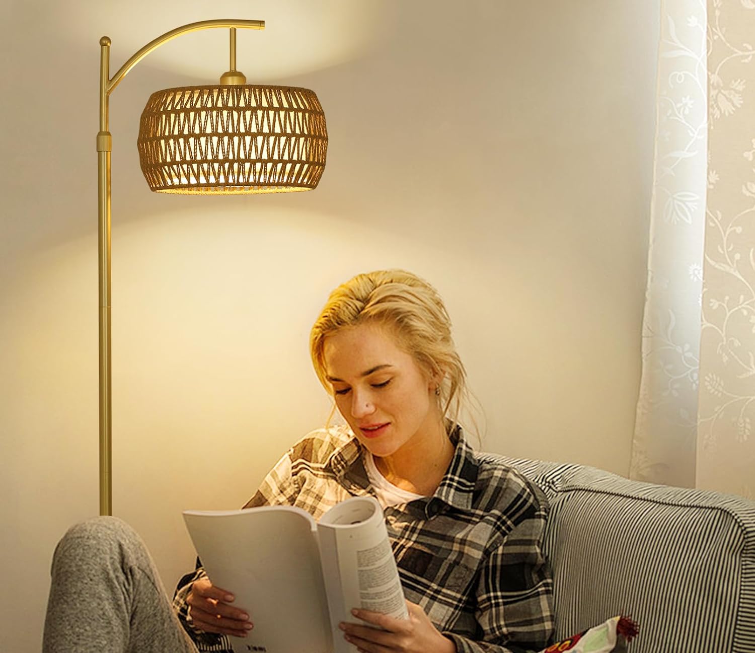 Arc Floor Lamp with 3 Color Temperatures, LED Gold Floor Lamp with Remote & Stepless Dimmable Bulb, Boho Standing Lamp with Rattan & Fabric Shades, Farmhouse Tall Lamp for Living Room Bedroom - Image 4