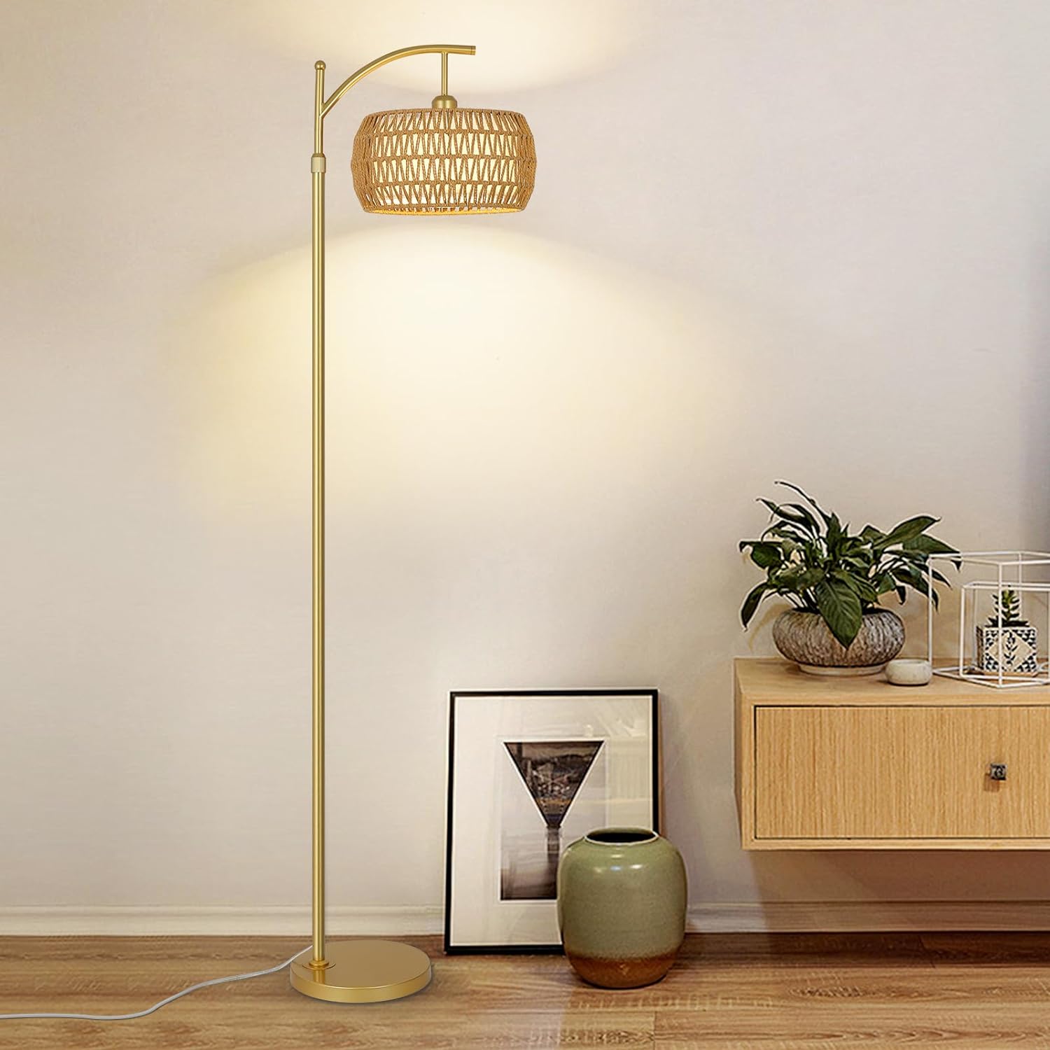 Arc Floor Lamp with 3 Color Temperatures, LED Gold Floor Lamp with Remote & Stepless Dimmable Bulb, Boho Standing Lamp with Rattan & Fabric Shades, Farmhouse Tall Lamp for Living Room Bedroom - Image 5