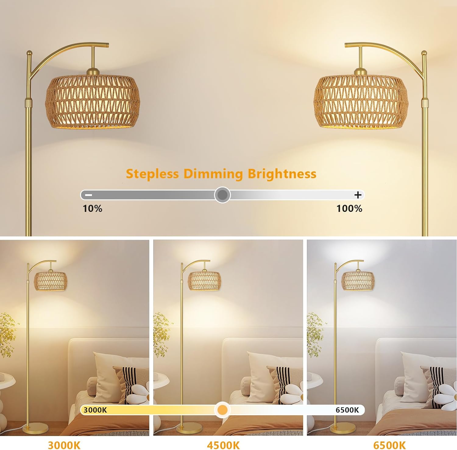 Arc Floor Lamp with 3 Color Temperatures, LED Gold Floor Lamp with Remote & Stepless Dimmable Bulb, Boho Standing Lamp with Rattan & Fabric Shades, Farmhouse Tall Lamp for Living Room Bedroom - Image 6