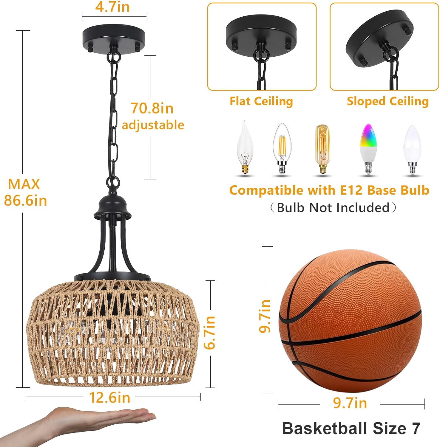 Farmhouse Chandelier for Dining Room, 3-Light Boho Rattan Chandelier Light Fixture Ceiling Hanging with Woven Lampshade, Small Wicker Coastal Pendant Light for Kitchen Bedroom Island Hallway - Image 2
