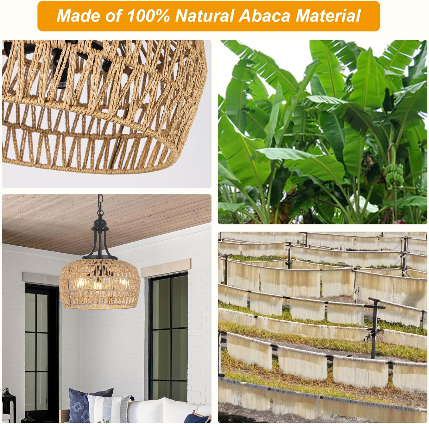 Farmhouse Chandelier for Dining Room, 3-Light Boho Rattan Chandelier Light Fixture Ceiling Hanging with Woven Lampshade, Small Wicker Coastal Pendant Light for Kitchen Bedroom Island Hallway - Image 4