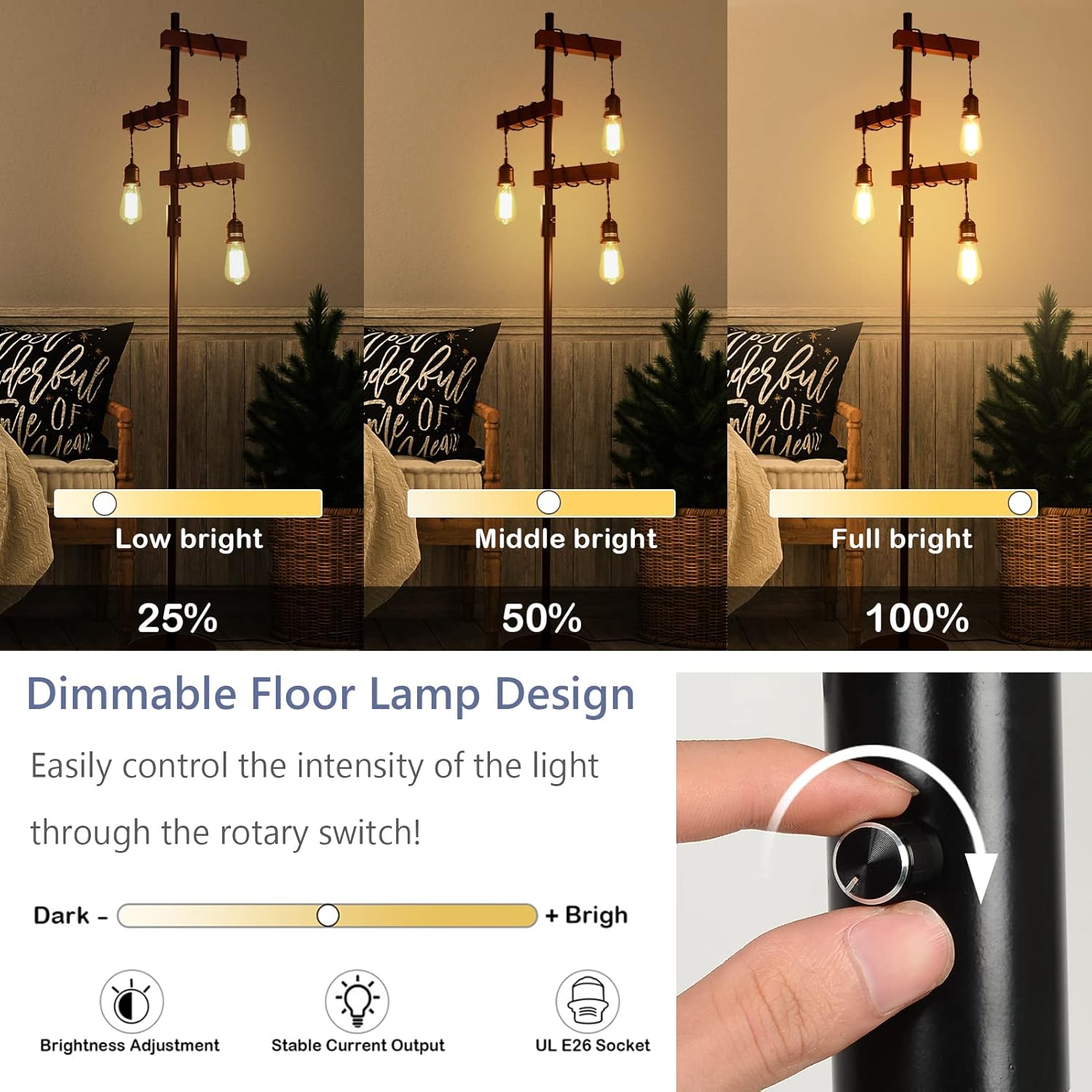 Dimmable Industrial Floor Lamp, Farmhouse Tree Floor Lamp, 68 Inch 3 Lights Wood Standing Lamp, Sturdy Base Tall Vintage Pole Light, Metal Black Floor Lamps for Living Room Bedroom Office Rustic Home - Image 2