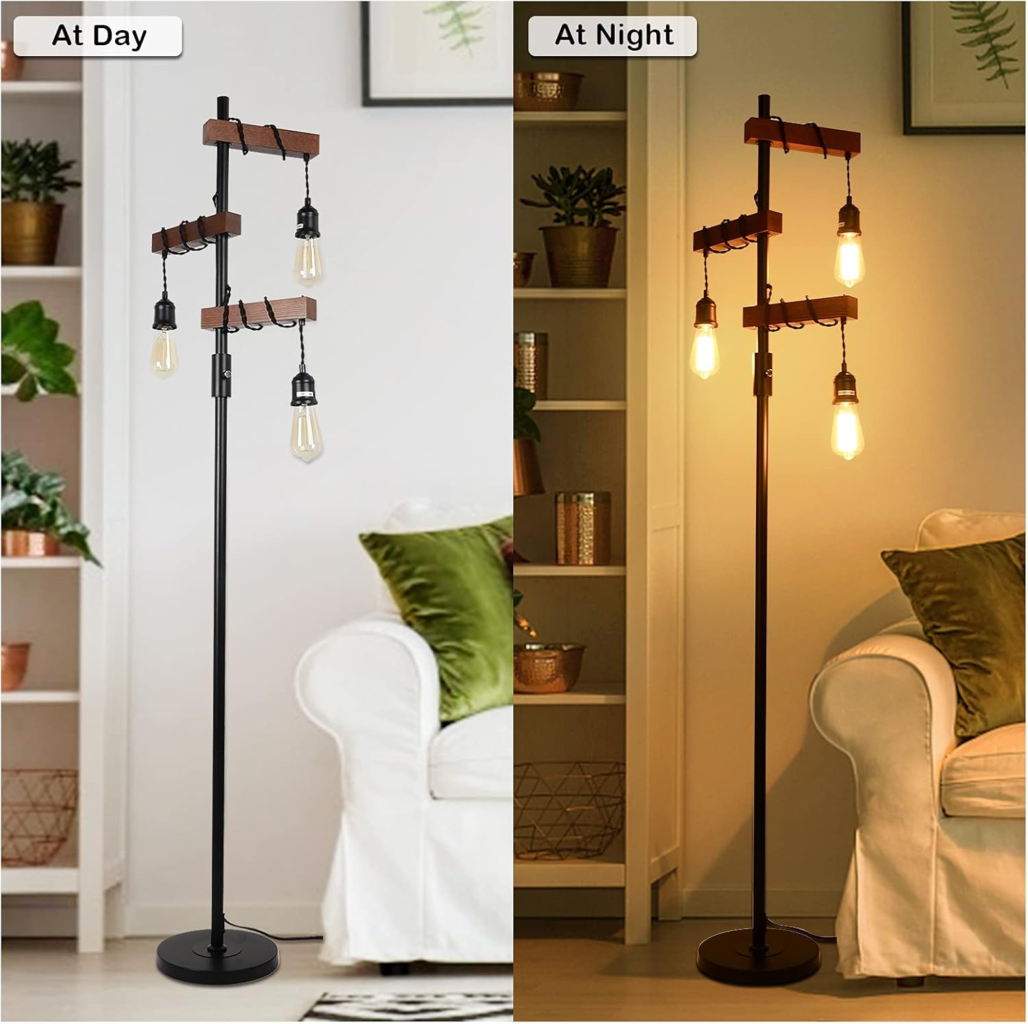 Dimmable Industrial Floor Lamp, Farmhouse Tree Floor Lamp, 68 Inch 3 Lights Wood Standing Lamp, Sturdy Base Tall Vintage Pole Light, Metal Black Floor Lamps for Living Room Bedroom Office Rustic Home - Image 3