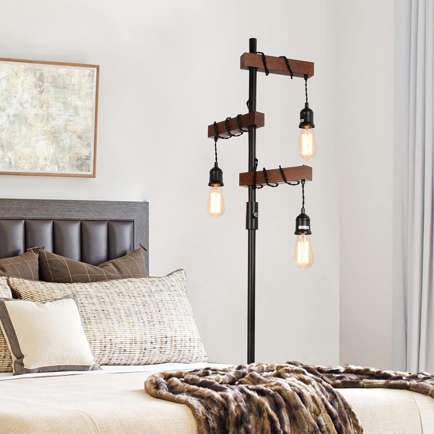 Dimmable Industrial Floor Lamp, Farmhouse Tree Floor Lamp, 68 Inch 3 Lights Wood Standing Lamp, Sturdy Base Tall Vintage Pole Light, Metal Black Floor Lamps for Living Room Bedroom Office Rustic Home - Image 4