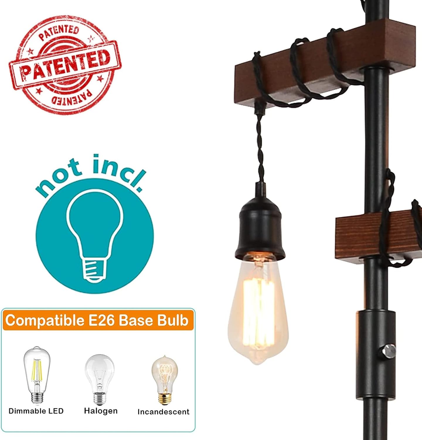 Dimmable Industrial Floor Lamp, Farmhouse Tree Floor Lamp, 68 Inch 3 Lights Wood Standing Lamp, Sturdy Base Tall Vintage Pole Light, Metal Black Floor Lamps for Living Room Bedroom Office Rustic Home - Image 5
