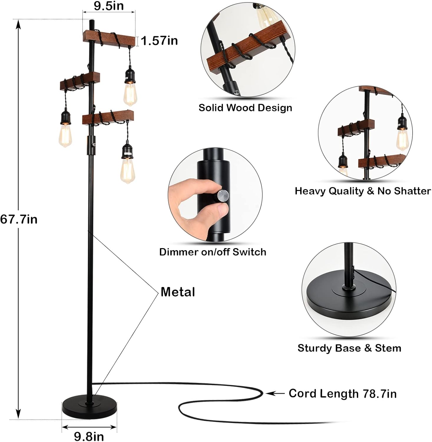 Dimmable Industrial Floor Lamp, Farmhouse Tree Floor Lamp, 68 Inch 3 Lights Wood Standing Lamp, Sturdy Base Tall Vintage Pole Light, Metal Black Floor Lamps for Living Room Bedroom Office Rustic Home - Image 6