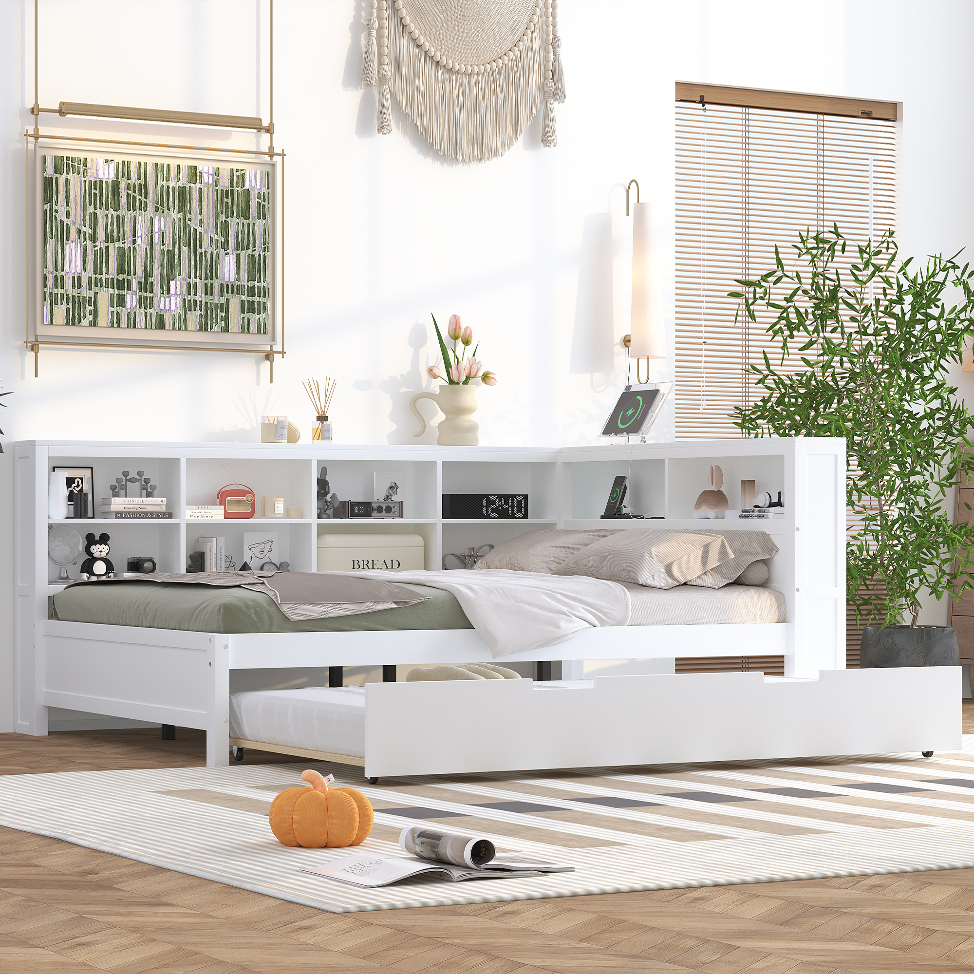 Wooden Full Size DayBed with Twin Size Trundle, DayBed with Storage Shelf and USB Charging Ports,White(old SKU: HL000075AAK ) - Image 4