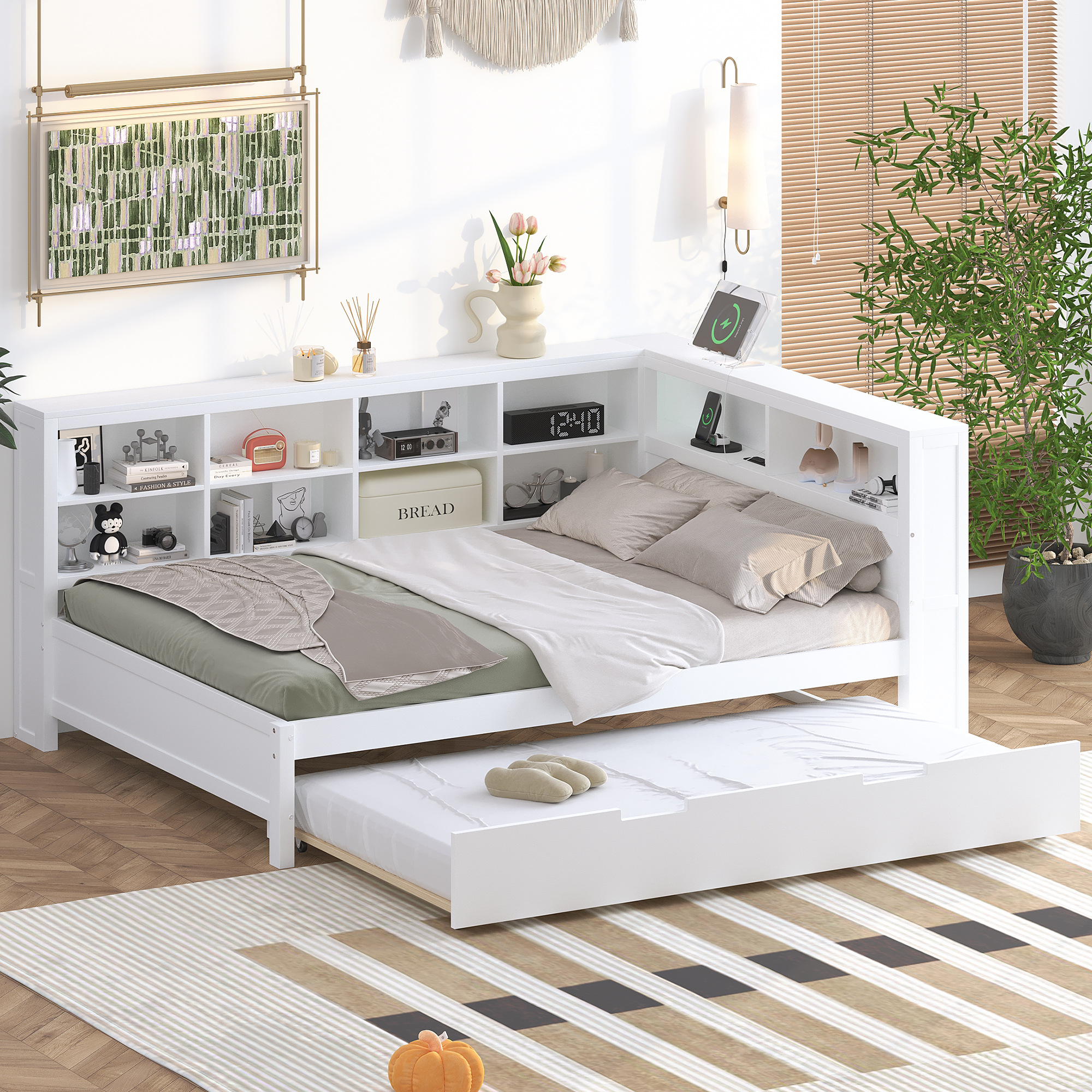 Wooden Full Size DayBed with Twin Size Trundle, DayBed with Storage Shelf and USB Charging Ports,White(old SKU: HL000075AAK ) - Image 5