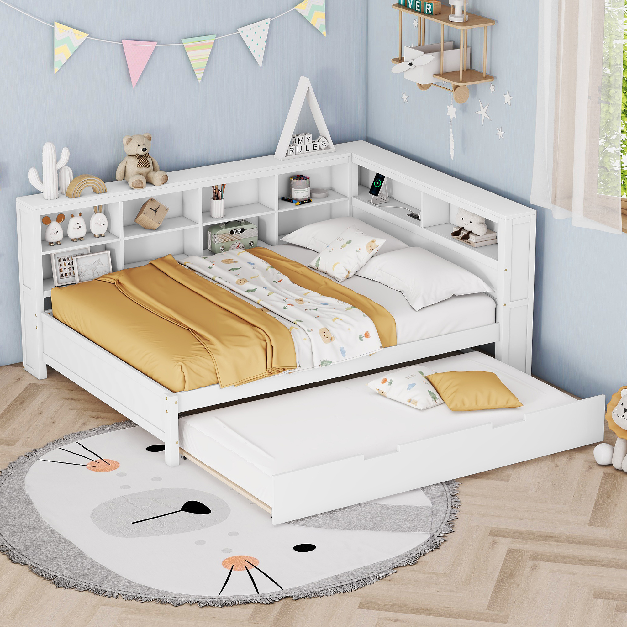 Wooden Full Size DayBed with Twin Size Trundle, DayBed with Storage Shelf and USB Charging Ports,White(old SKU: HL000075AAK ) - Image 6