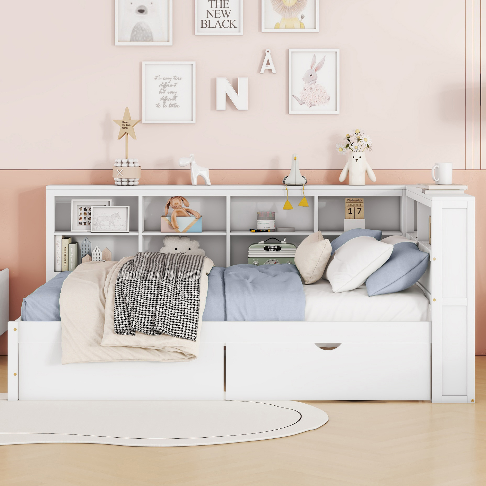 Wooden Full Size DayBed with 2 Drawers, DayBed with Storage Shelf and USB Charging Ports,White(old SKU: N733S170505K) - Image 2