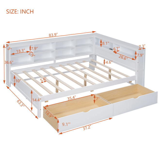 Wooden Full Size DayBed with 2 Drawers, DayBed with Storage Shelf and USB Charging Ports,White(old SKU: N733S170505K) - Image 4